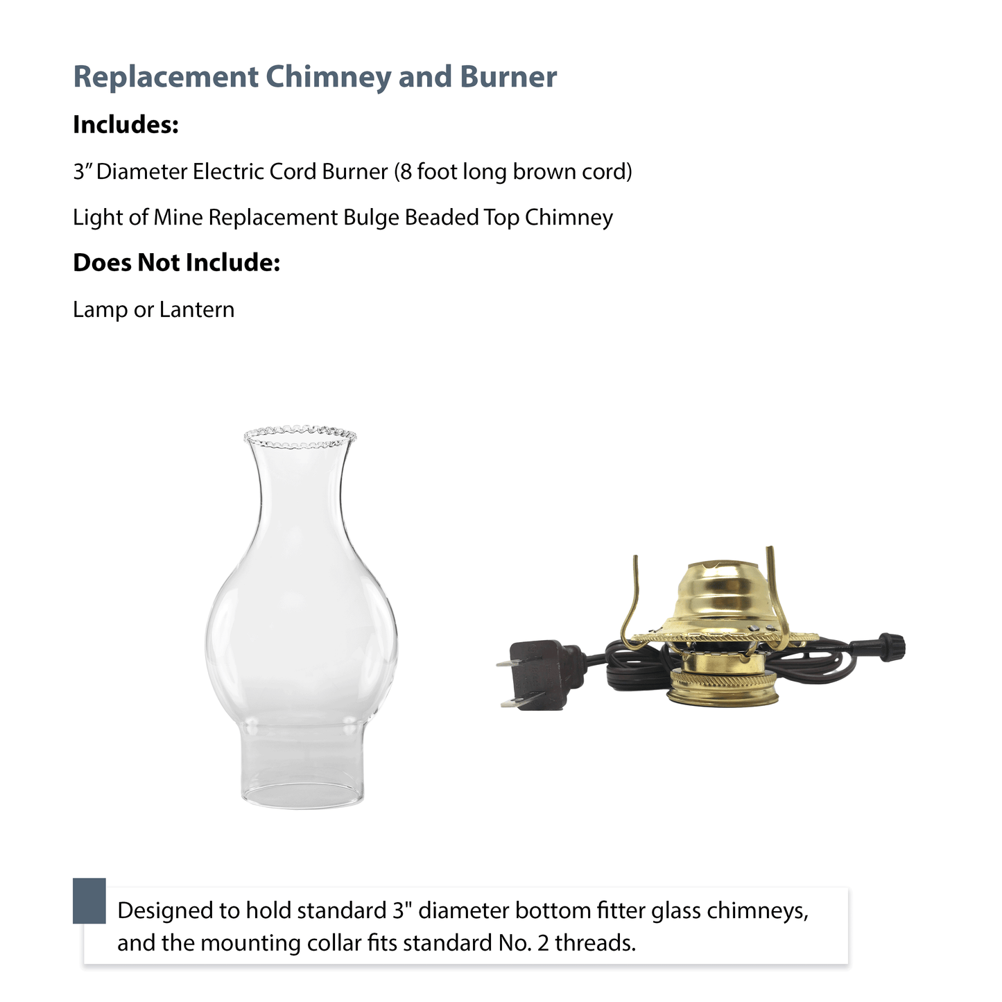 Light of Mine - 3" x 8 ½” Beaded Top Replacement Chimney for Oil Lamp with Electric Brown Cord Burner (3" x 8.5" Beaded Top Chimney, Brown Corded burner)