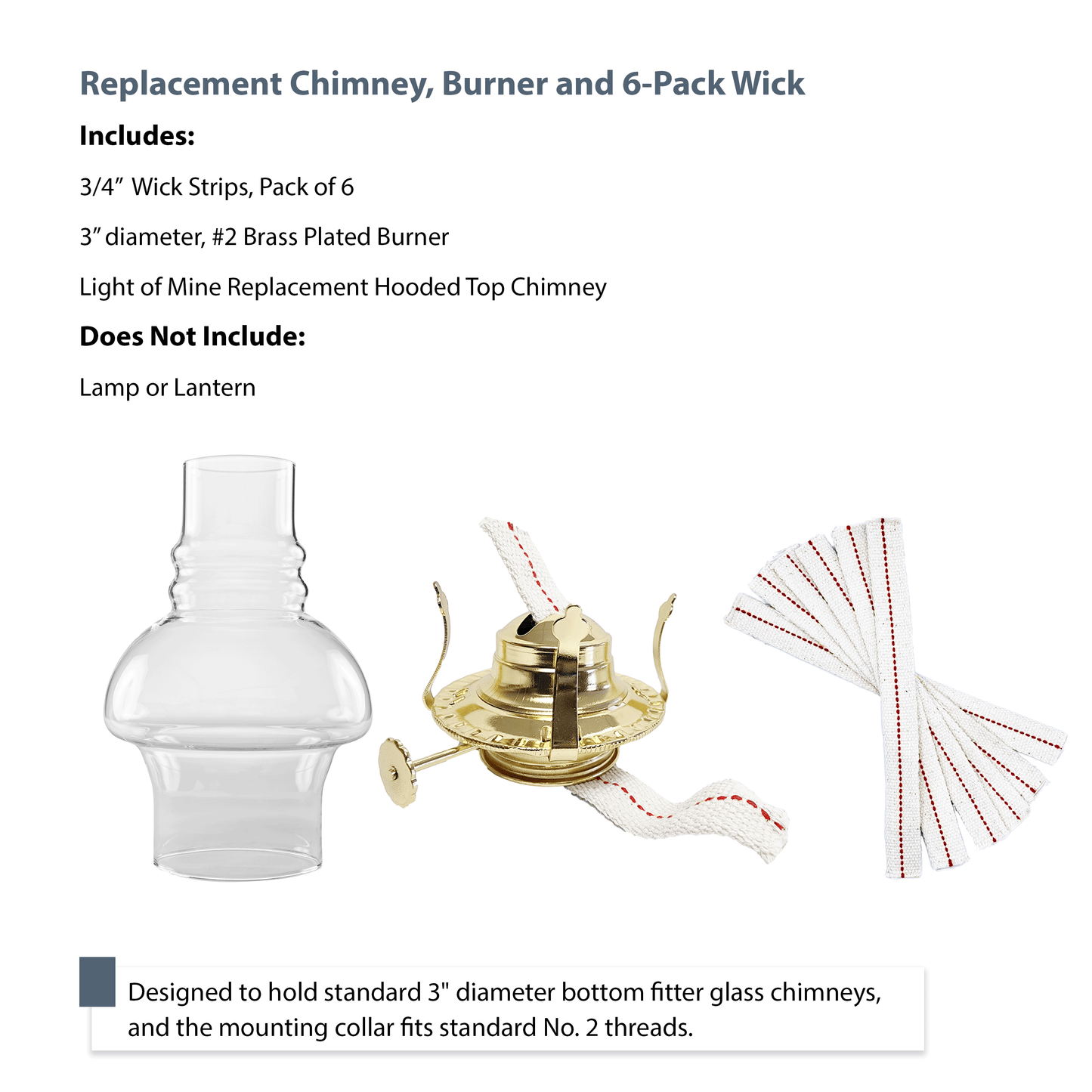 Light of Mine - Oil Lamp Replacement Kit Including 3" x 7" Hooded Chimney, #2 Brass Plated Burner, and 3/4" Replacement Wick Strips (Hooded Chimney, #2 Burner, Wick)