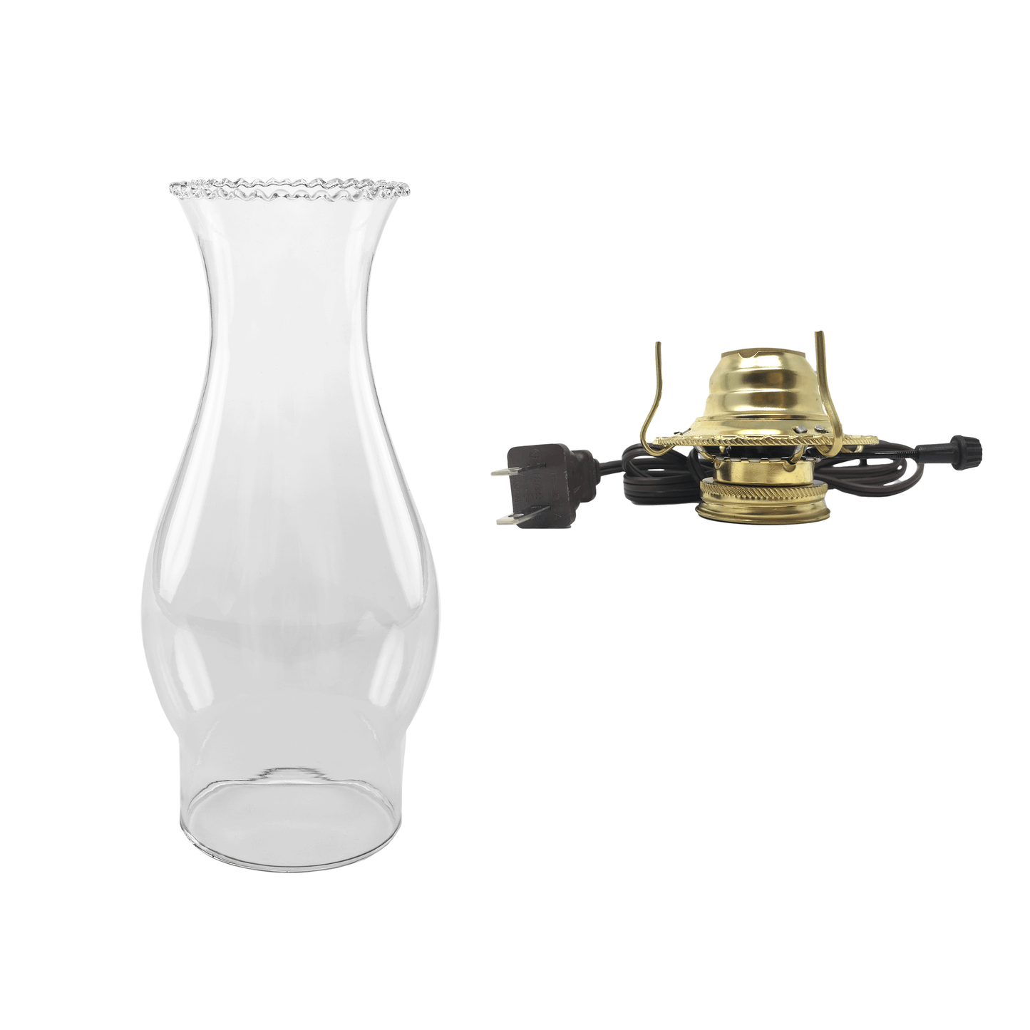 Light of Mine - 3" x 8 ½” Crimped Top Replacement Chimney for Oil Lamp with Electric Brown Cord Burner (3" x 8.5" Crimped Chimney, Brown Corded burner)