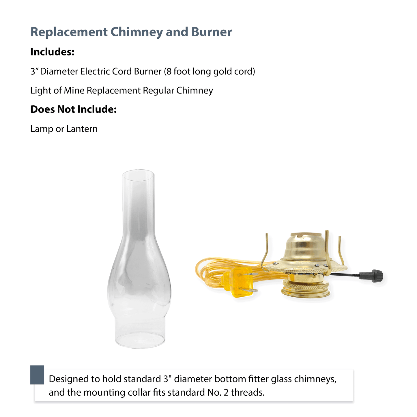 Light Of Mine - 3" x 10" Replacement Chimney for Oil Lamp with Electric Gold Cord Burner (3" x 10" Regular Chimney)