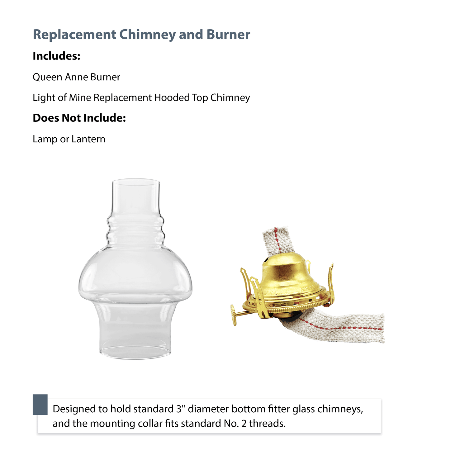 Light of Mine - Oil Lamp Replacement Kit Including 3" x 7" Hooded Chimney and Queen Anne Solid Brass Burner (Hooded Chimney, Brass Burner)