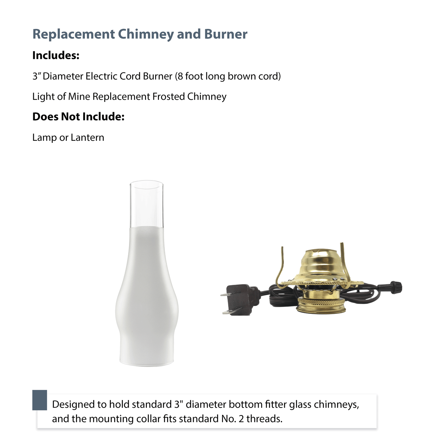 Light of Mine - 3" x 10" Slim Frosted Replacement Chimney for Oil Lamp with Electric Brown Cord (3" x 10" Frosted Chimney, Brown Corded burner)