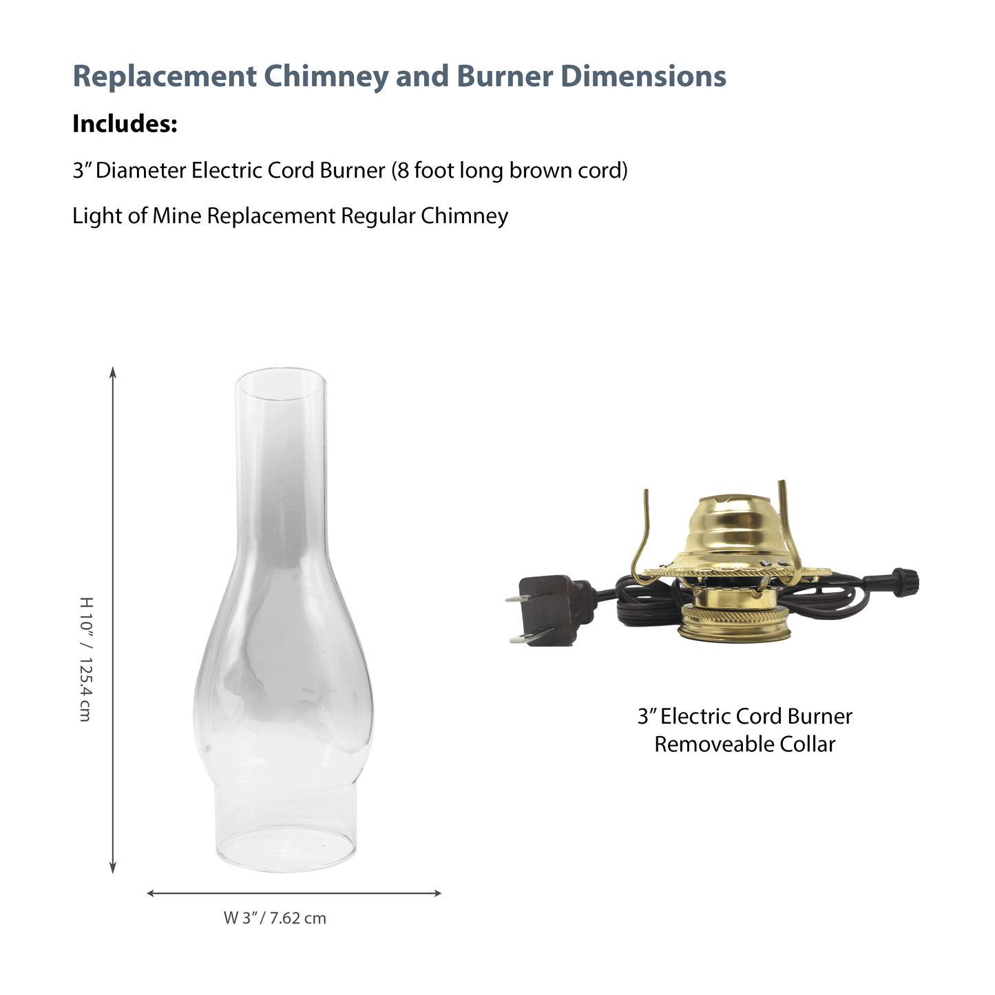 Light of Mine - 3" x 10" Regular Replacement Chimney for Oil Lamp with Electric Brown Cord Burner (3" x 10" Chimney, Brown Corded Burner)