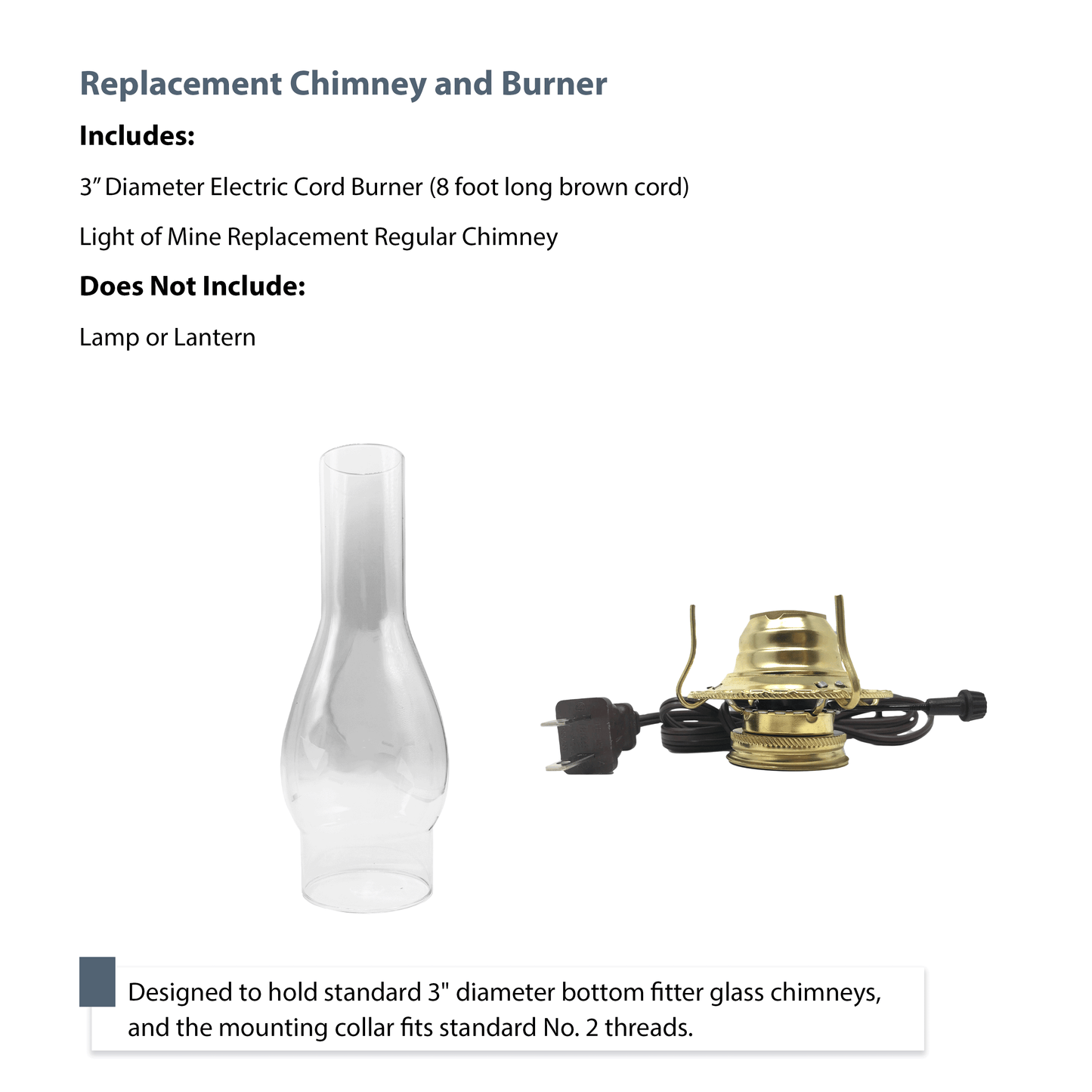 Light of Mine - 3" x 10" Regular Replacement Chimney for Oil Lamp with Electric Brown Cord Burner (3" x 10" Chimney, Brown Corded Burner)