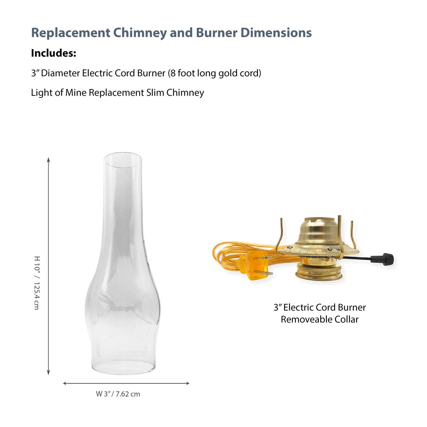 Light Of Mine - 3" x 10" Slim Replacement Chimney for Oil Lamp with Electric Gold Cord Burner (3" x 10" Slim Chimney)