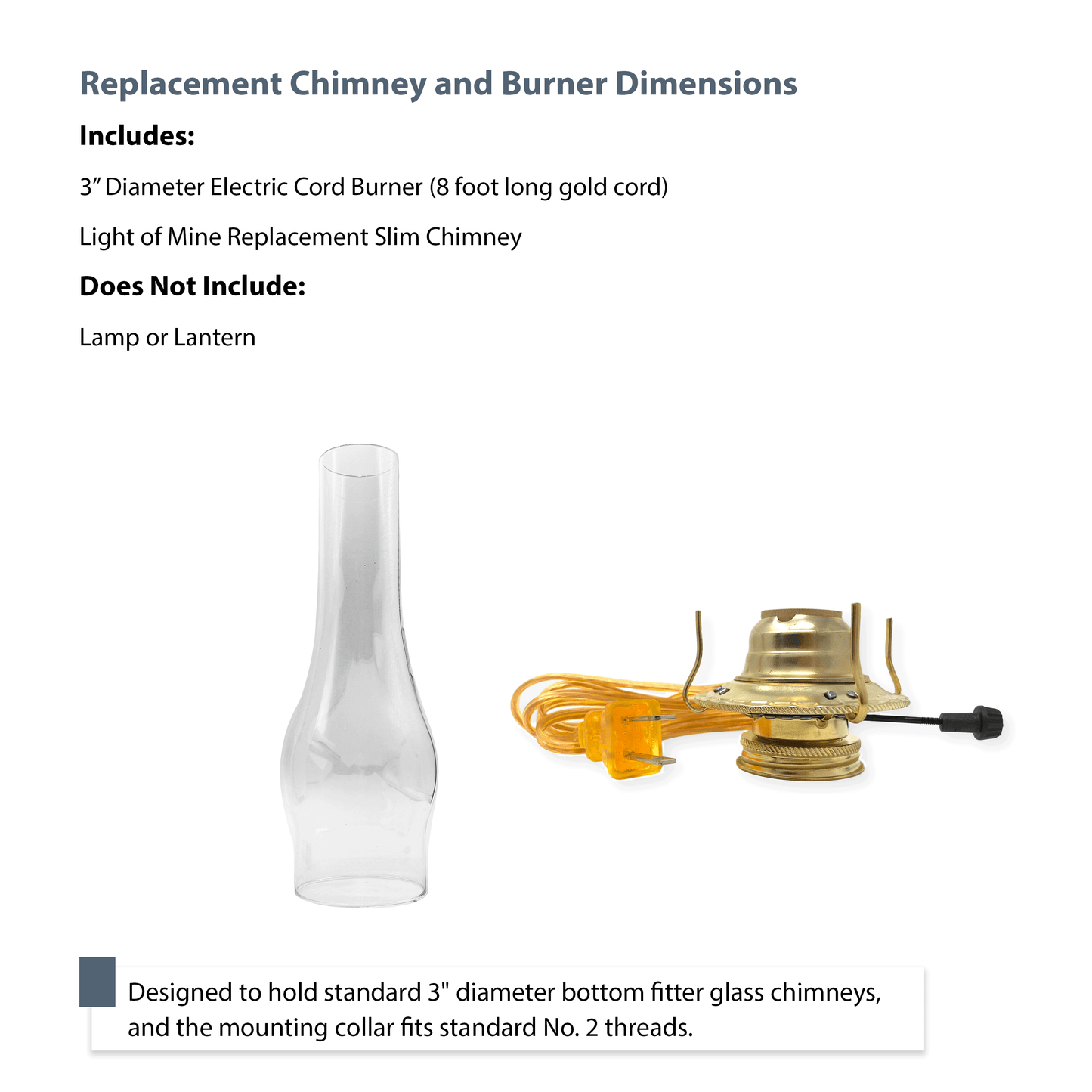Light Of Mine - 3" x 10" Slim Replacement Chimney for Oil Lamp with Electric Gold Cord Burner (3" x 10" Slim Chimney)