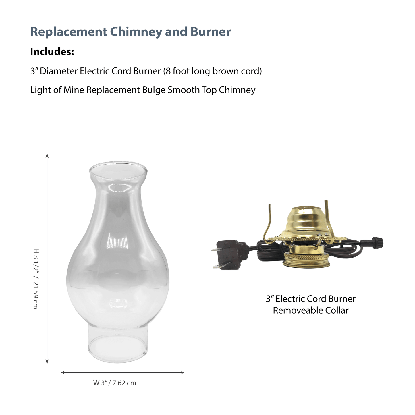 Light of Mine - 3” x 8 ½” Crisa Smooth Top Replacement Chimney for Oil Lamp with Electric Brown Cord Burner (Crisa, Brown Corded burner)
