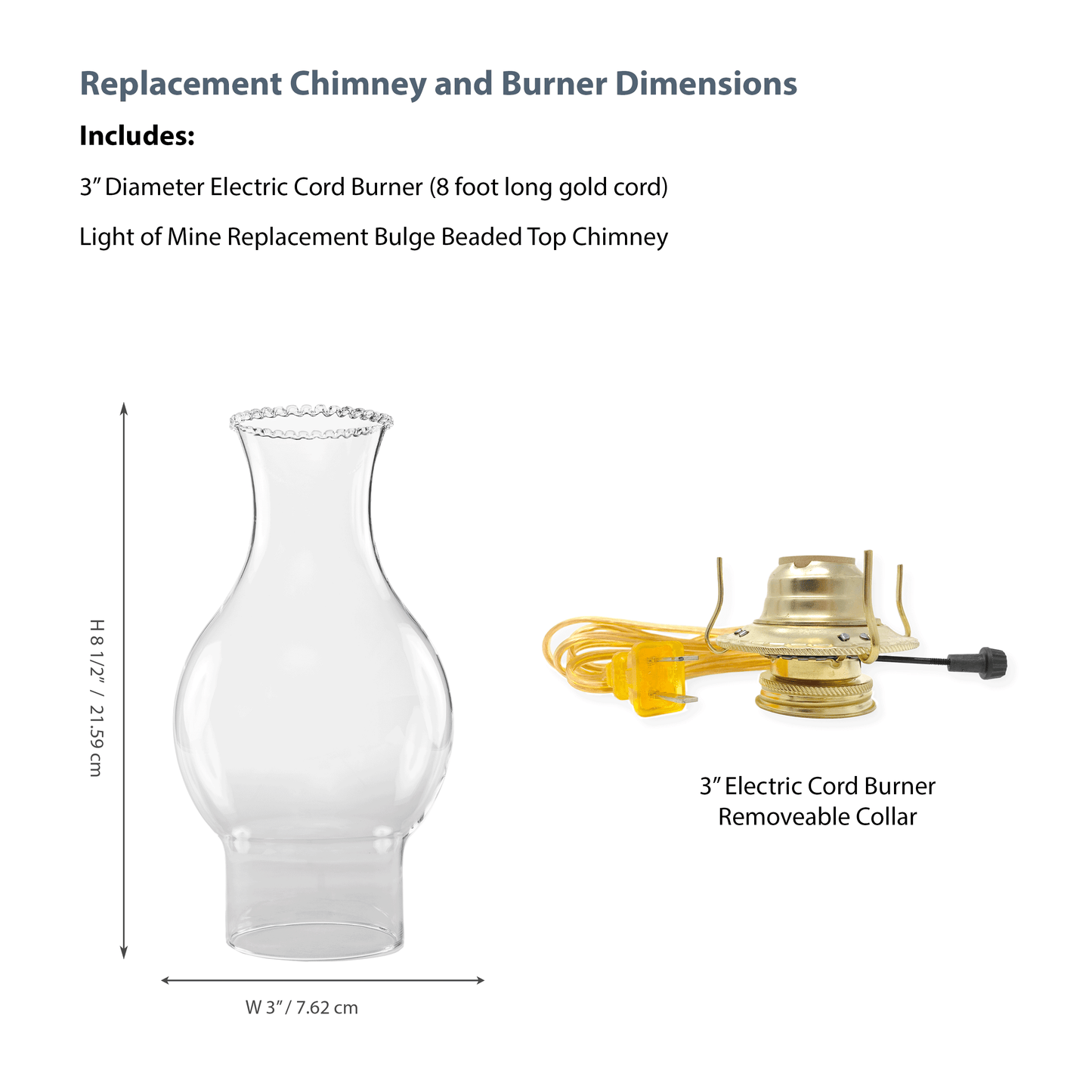 Light Of Mine - 3" x 8 ½" Beaded Top Replacement Chimney for Oil Lamp with Electric Gold Cord Burner (3" x 8.5" Beaded Top Chimney)