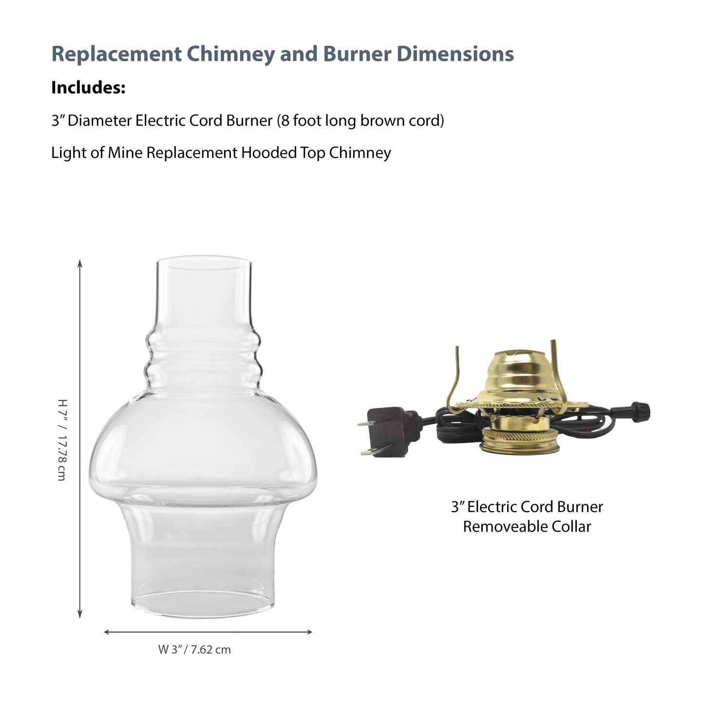 Light Of Mine - 3" x 7" Hooded Replacement Chimney for Oil Lamps with Electric Brown Cord Burner (3" x 7" Hooded Chimney)