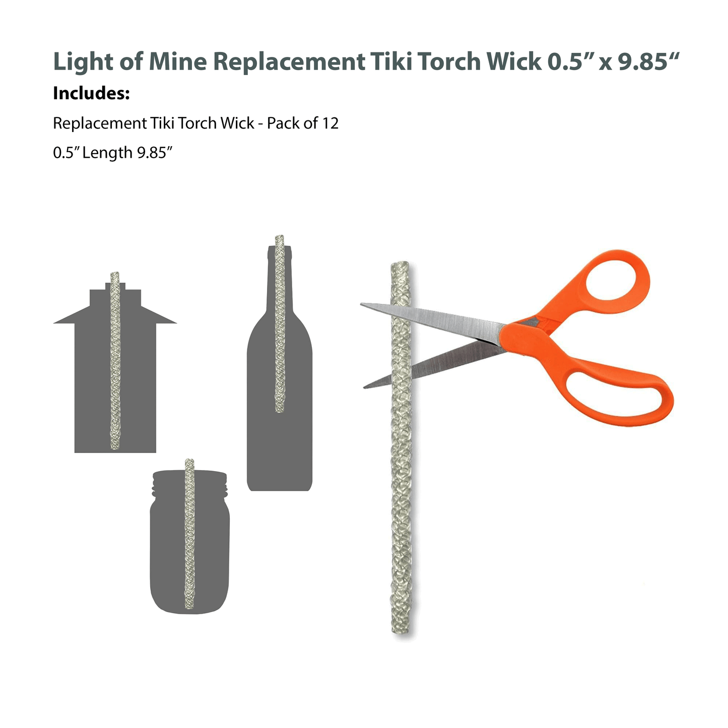 Light of Mine - 12 Pack Tiki Torch Fiberglass Replacement Wick, 0.5" Wide x 9.85" Tall (12pk, Tiki Wick)