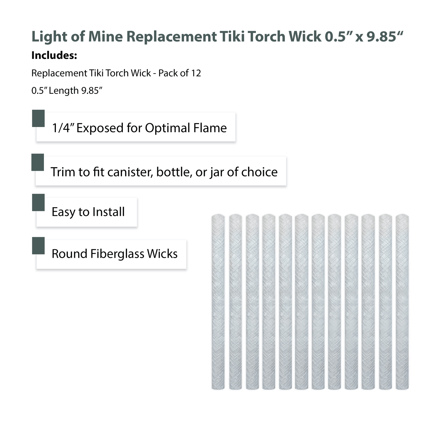 Light of Mine - 12 Pack Tiki Torch Fiberglass Replacement Wick, 0.5" Wide x 9.85" Tall (12pk, Tiki Wick)