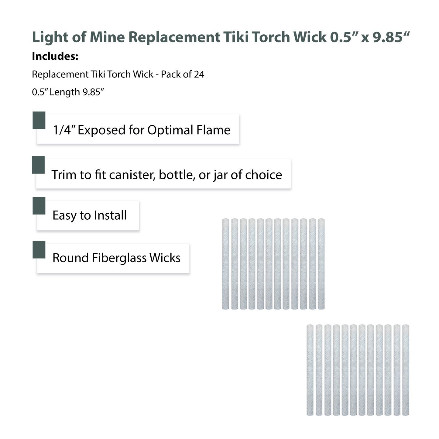 Light of Mine - 24 Pack Tiki Torch Fiberglass Replacement Wick, 0.5" Wide x 9.85" Tall (24pk, Tiki Wick)