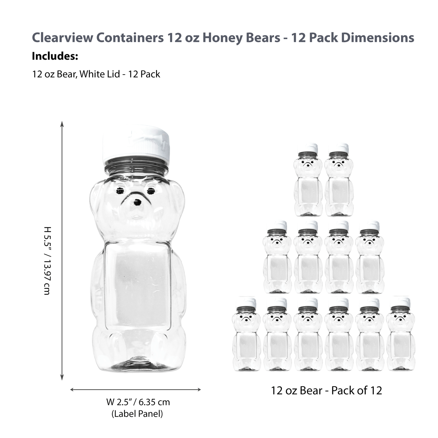 Clearview Containers - 12 Pack of 12 Ounce Clear Honey Bears with Sealable White Flip Top Lids (12 oz. Clear Bear, 12pk, White)