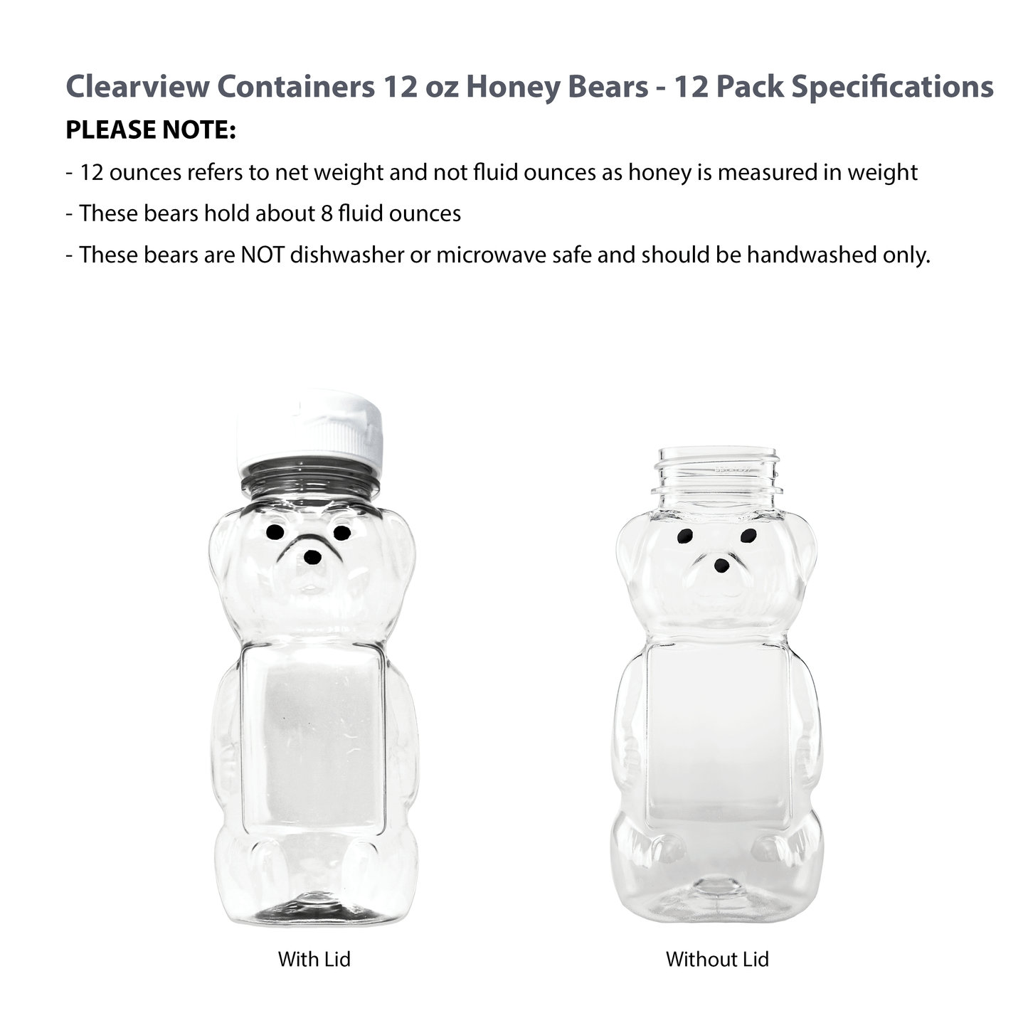 Clearview Containers - 12 Pack of 12 Ounce Clear Honey Bears with Sealable White Flip Top Lids (12 oz. Clear Bear, 12pk, White)