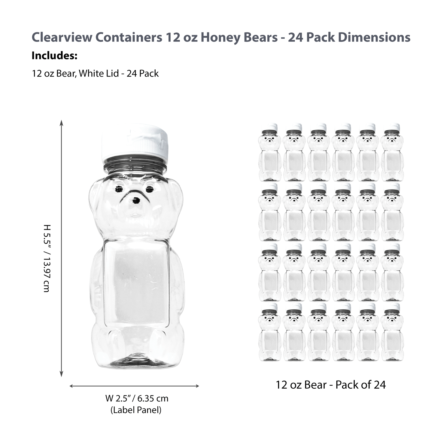 Clearview Containers - 24 Pack of 12 Ounce Clear Honey Bears with Sealable White Flip Top Lids (12 oz. Clear Bear, 24pk, White)