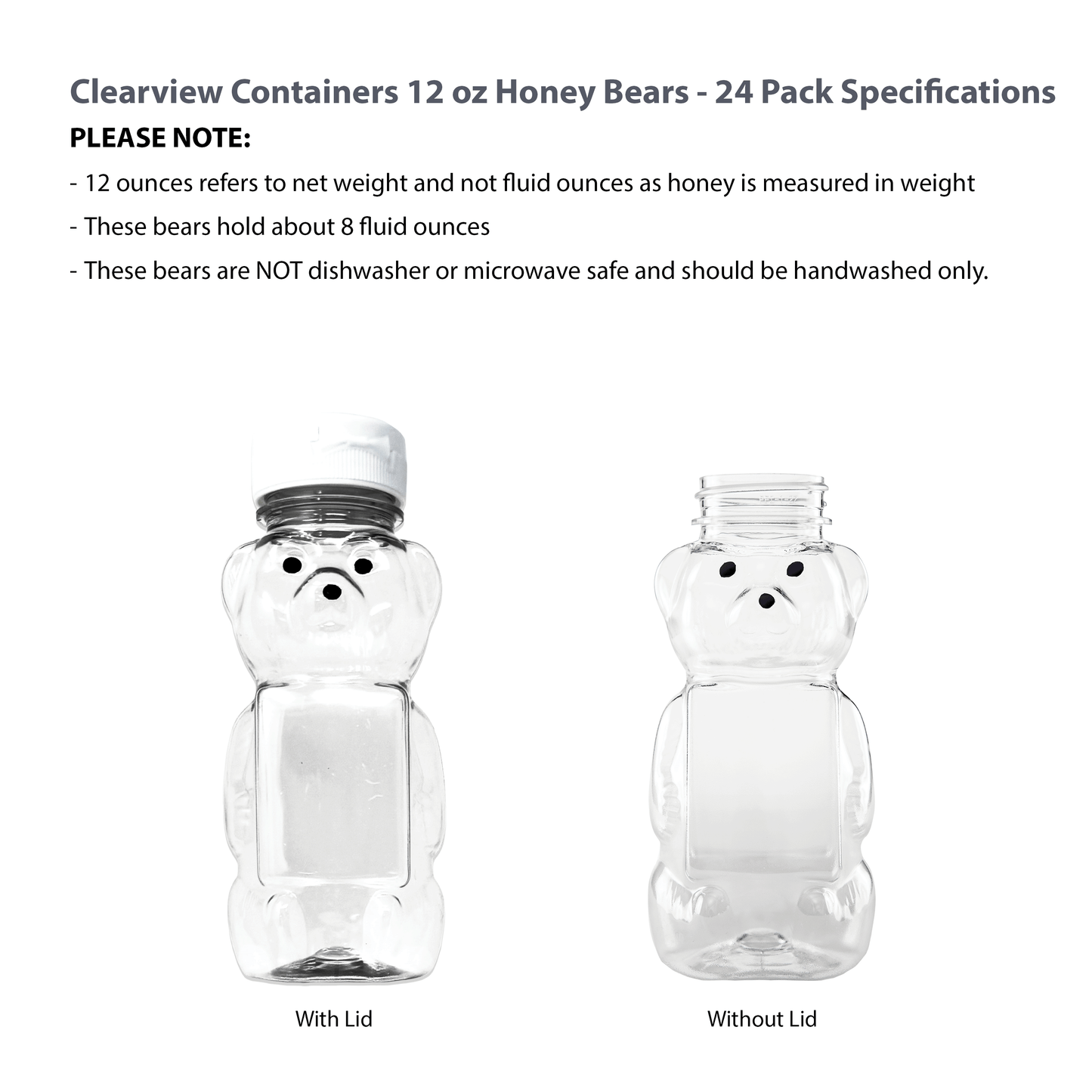 Clearview Containers - 24 Pack of 12 Ounce Clear Honey Bears with Sealable White Flip Top Lids (12 oz. Clear Bear, 24pk, White)