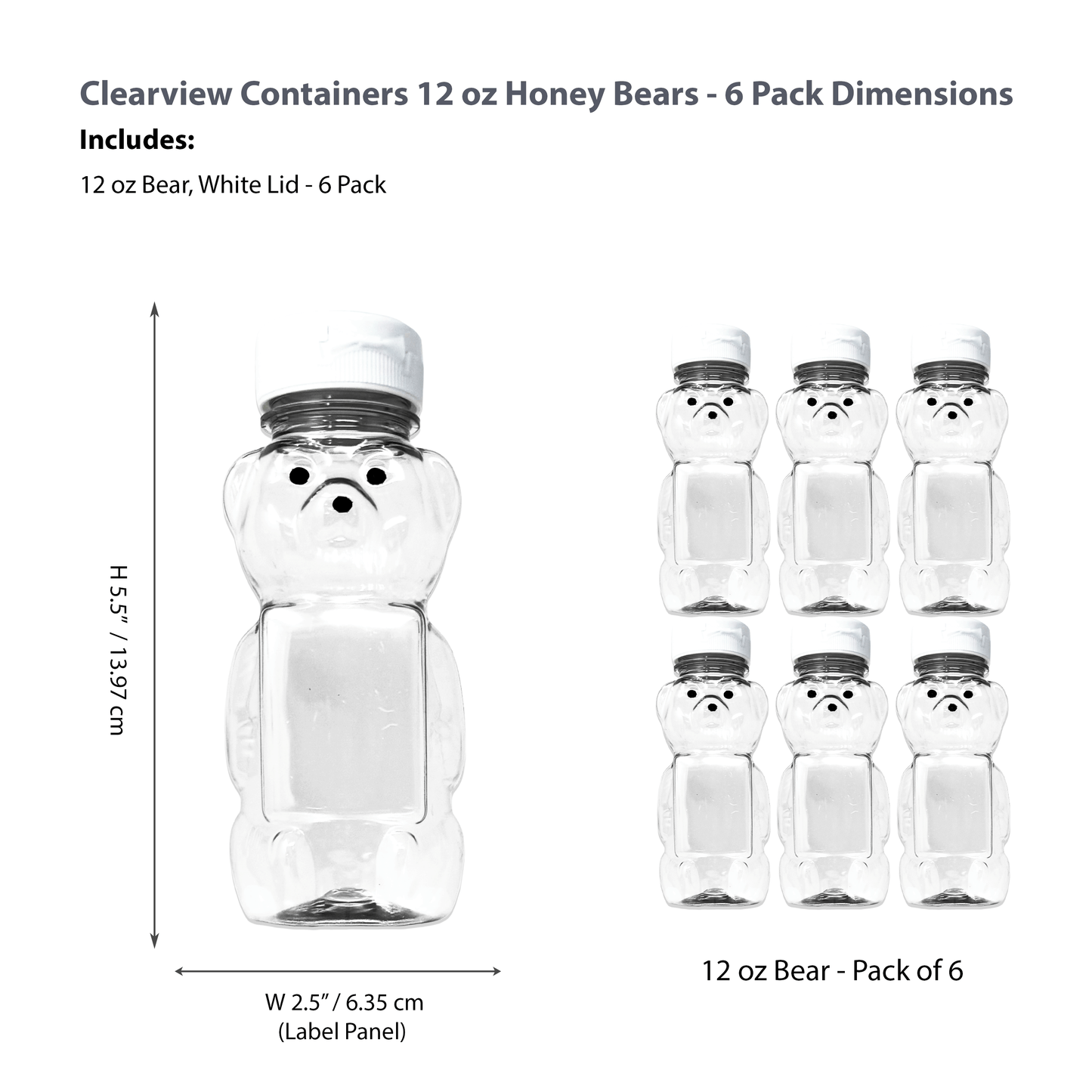 Clearview Containers - 6 Pack of 12 Ounce Clear Honey Bears with Sealable White Flip Top Lids (12 oz. Clear Bear, 6pk, White)
