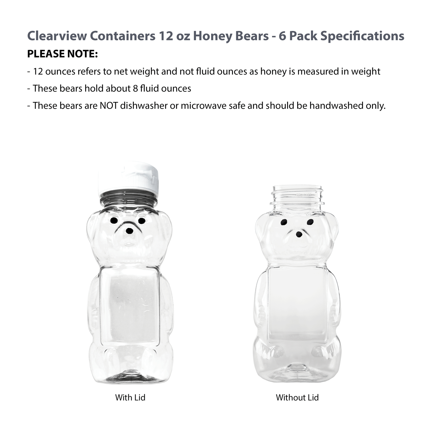 Clearview Containers - 6 Pack of 12 Ounce Clear Honey Bears with Sealable White Flip Top Lids (12 oz. Clear Bear, 6pk, White)