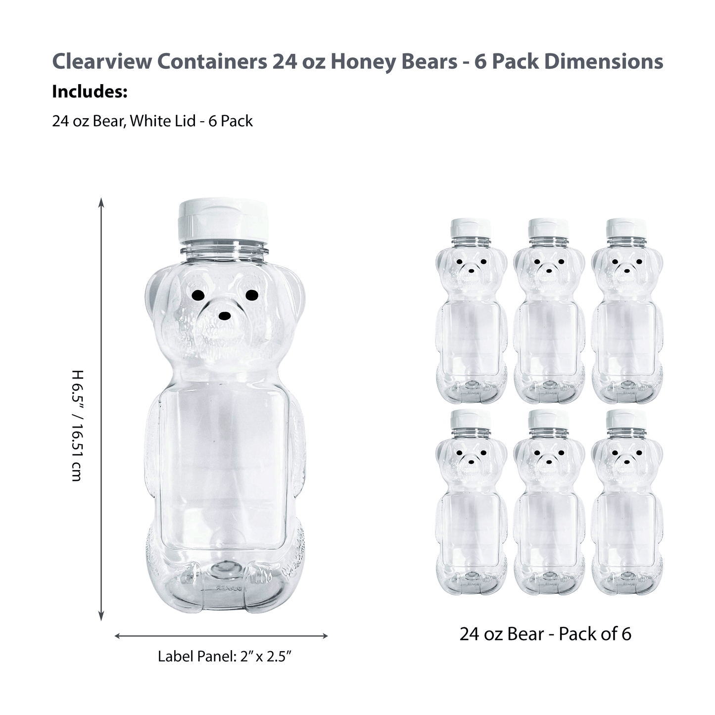 Clearview Containers - 6 Pack of 24 Ounce Honey Bears with Sealable White Flip Top Lids (24 oz. Bear, 6pk, White)