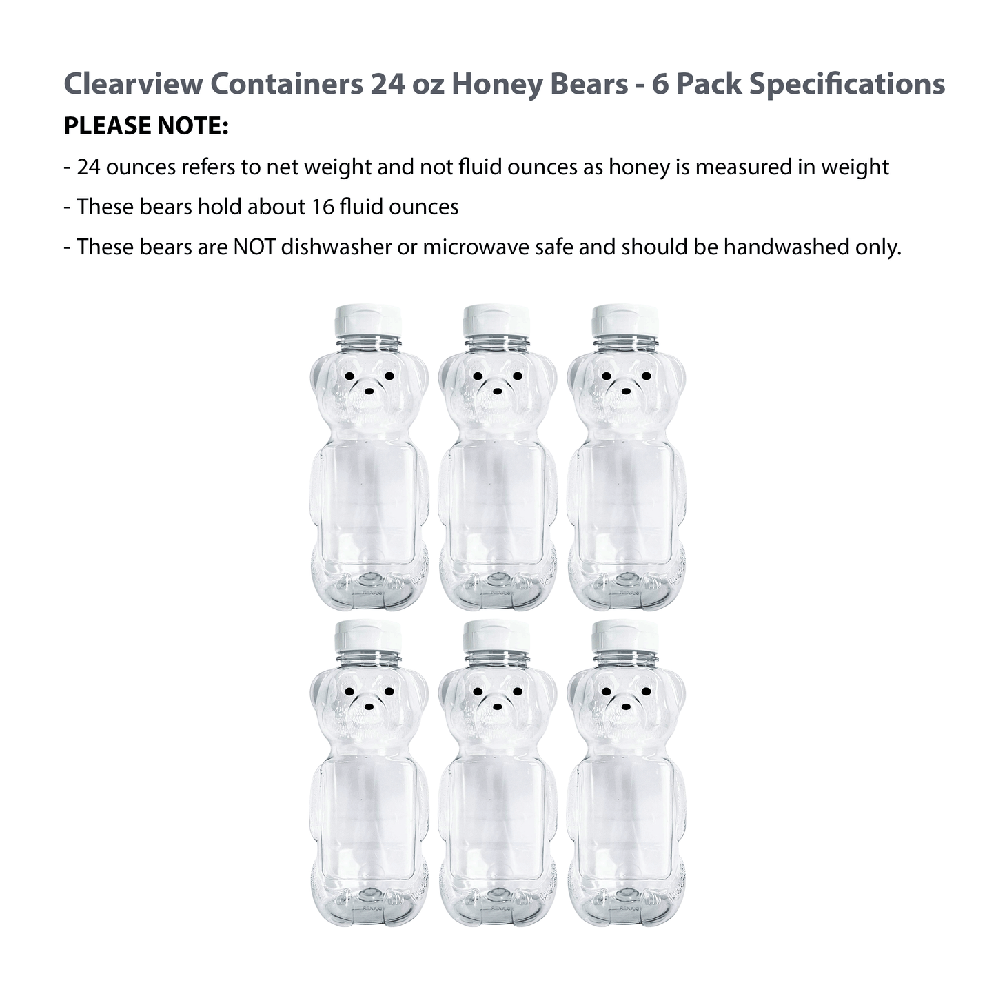 Clearview Containers - 6 Pack of 24 Ounce Honey Bears with Sealable White Flip Top Lids (24 oz. Bear, 6pk, White)