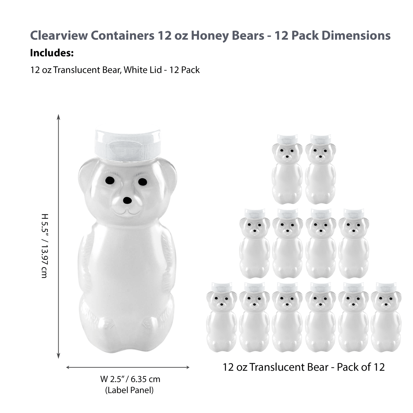 Clearview Containers - 12 Pack of 12 Ounce Cloudy Honey Bears with Sealable White Flip Top Lids (12 oz. Cloudy Bear, 12pk, White)