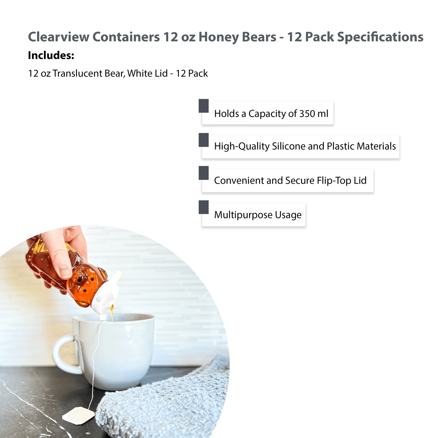 Clearview Containers - 12 Pack of 12 Ounce Cloudy Honey Bears with Sealable White Flip Top Lids (12 oz. Cloudy Bear, 12pk, White)
