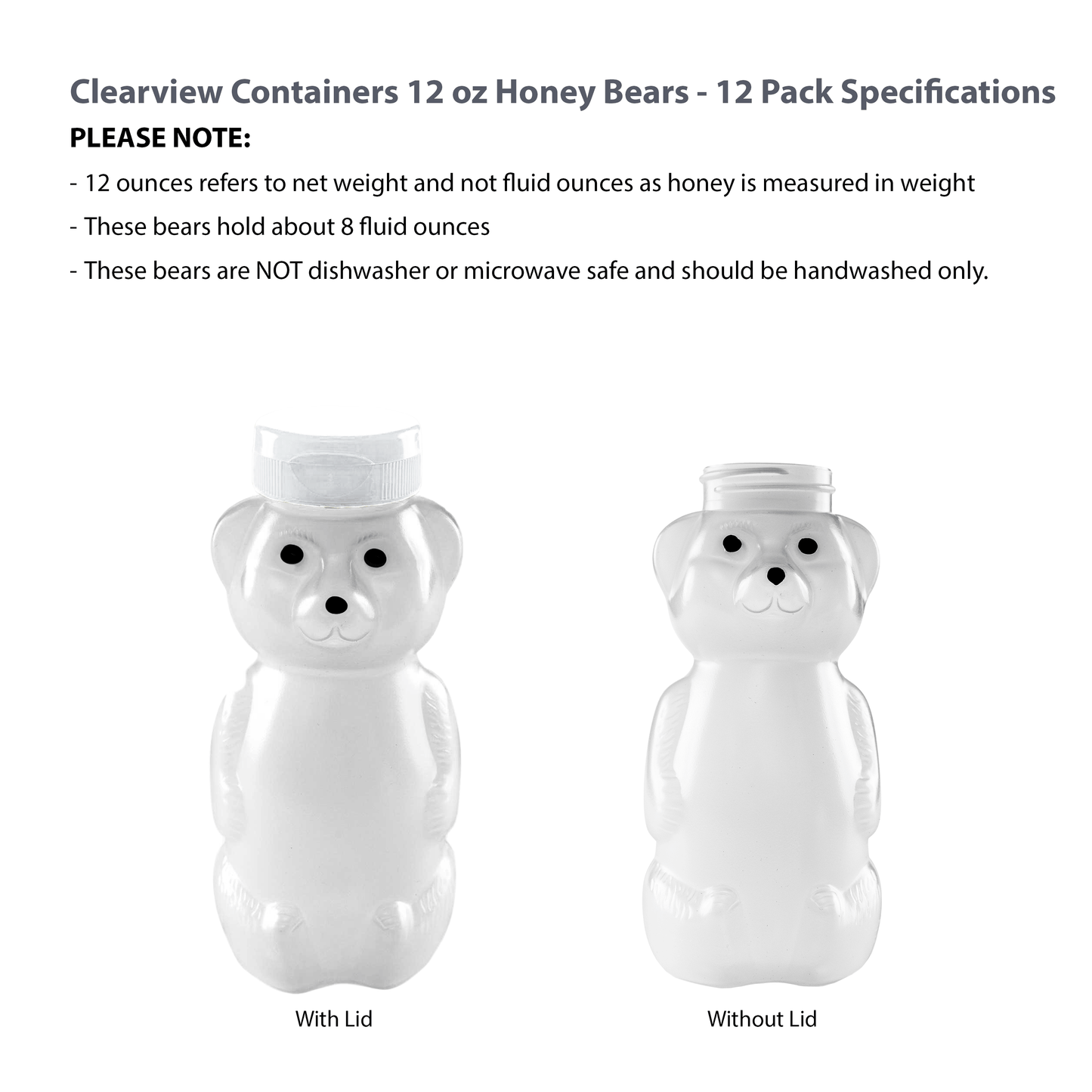 Clearview Containers - 12 Pack of 12 Ounce Cloudy Honey Bears with Sealable White Flip Top Lids (12 oz. Cloudy Bear, 12pk, White)