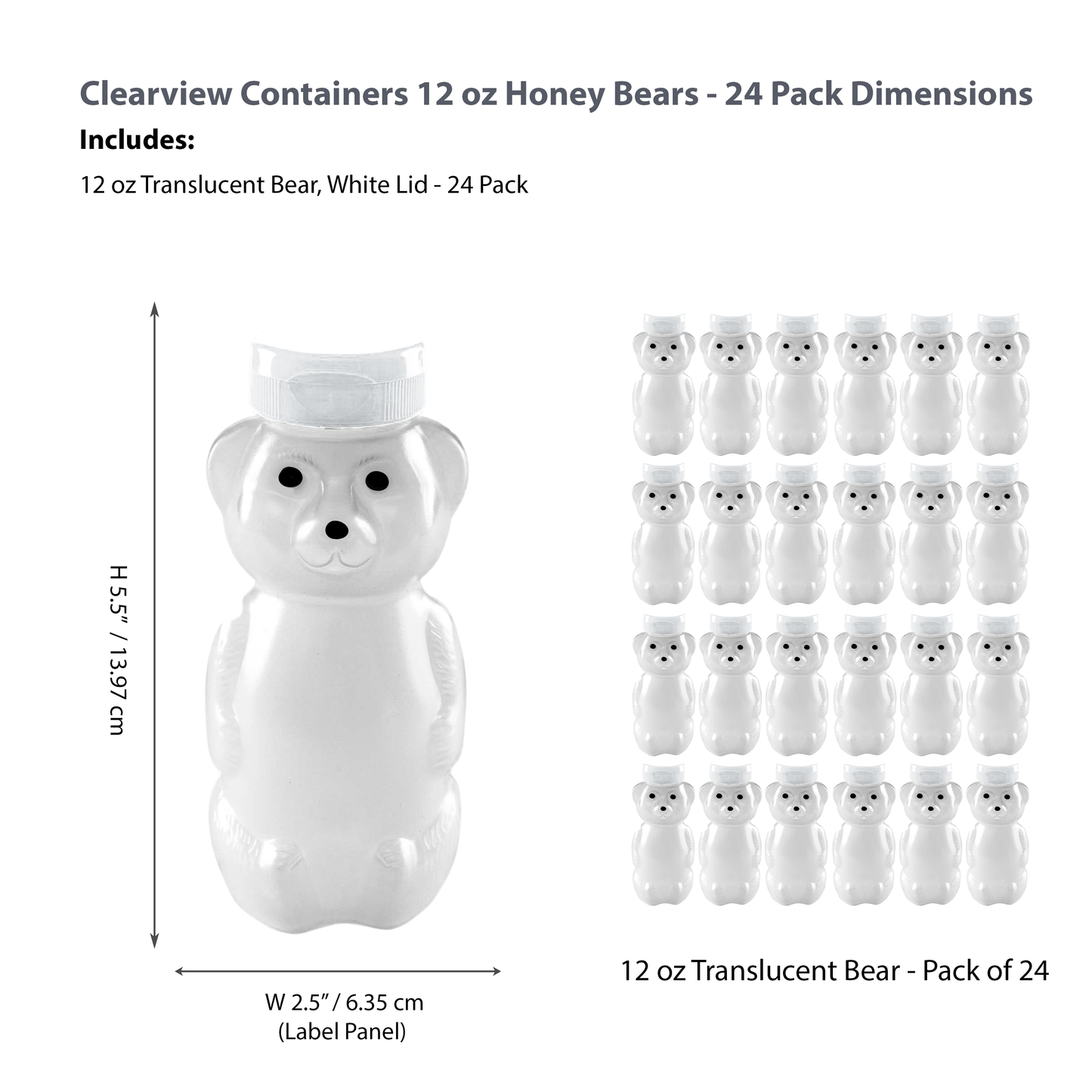 Clearview Containers - 24 Pack of 12 Ounce Cloudy Honey Bears with Sealable White Flip Top Lids (12 oz. Cloudy Bear, 24pk, White)