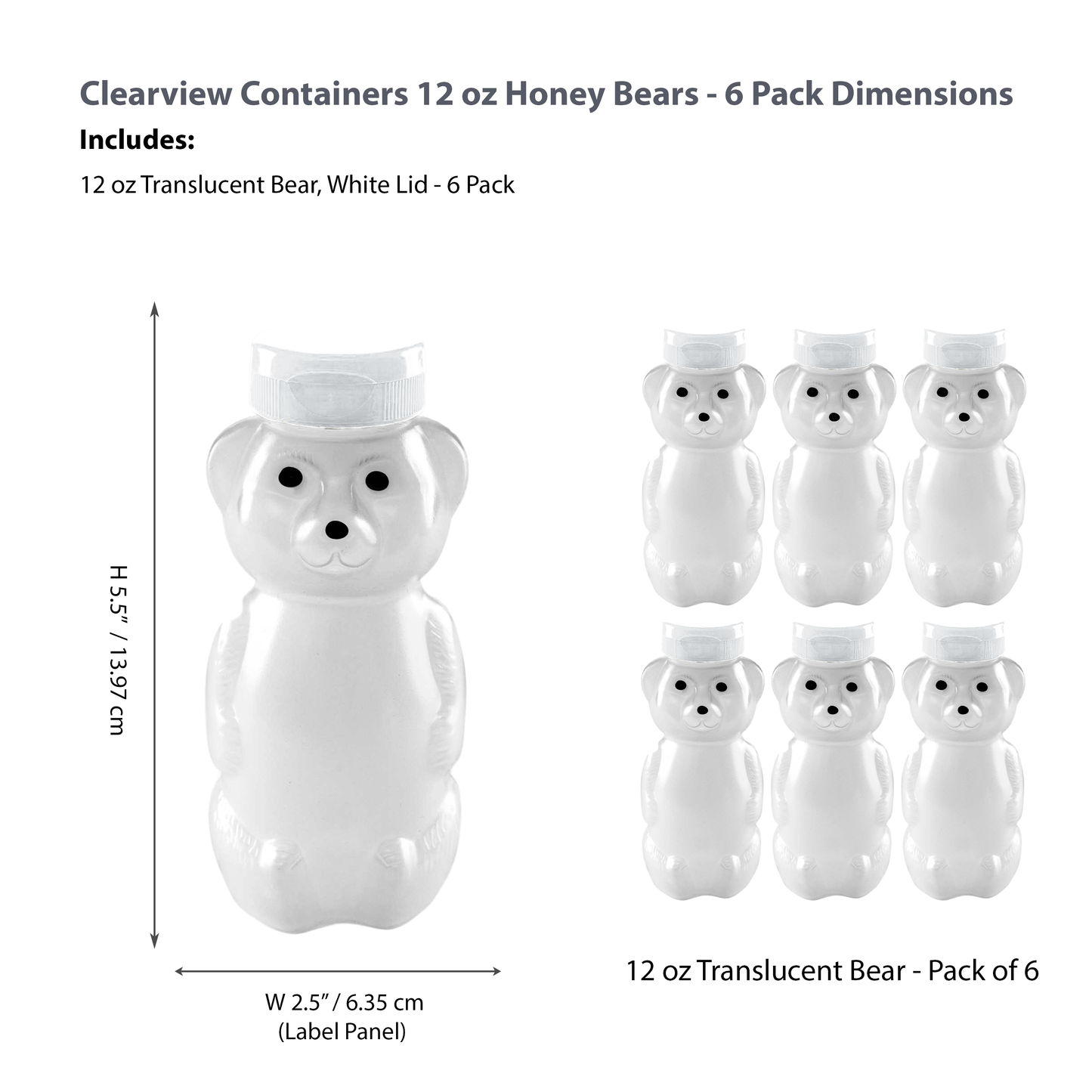 Clearview Containers - 12oz Cloudy Honey Bears 6 Pack with Sealable Flip Top White Lids (12oz Translucent, White, 6 Pack)