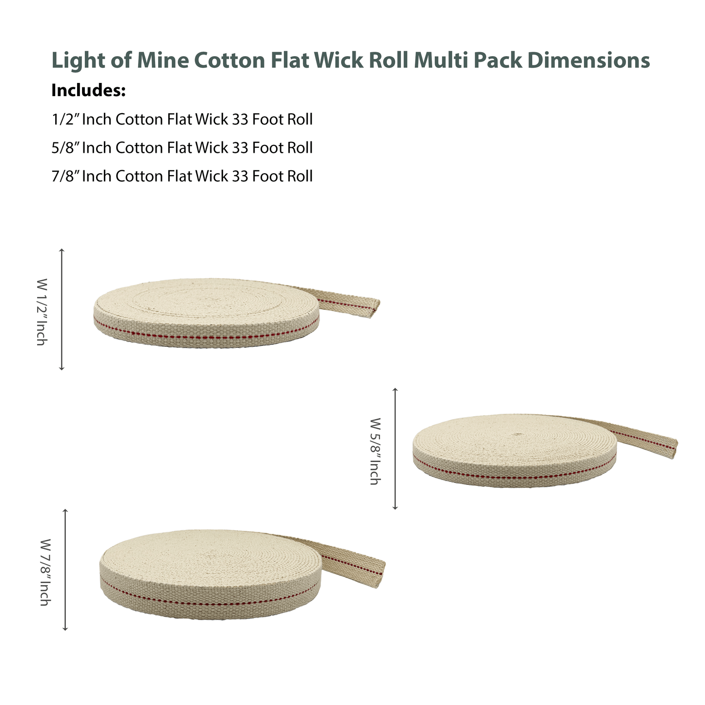 Light of Mine - 1/2", 5/8", and 7/8" - 33' Foot, 100% Cotton Flat Wick - 3 Pack Bundle, for Paraffin Oil, Kerosene Based Lanterns, and Oil Lamps with Genuine Red Stitch