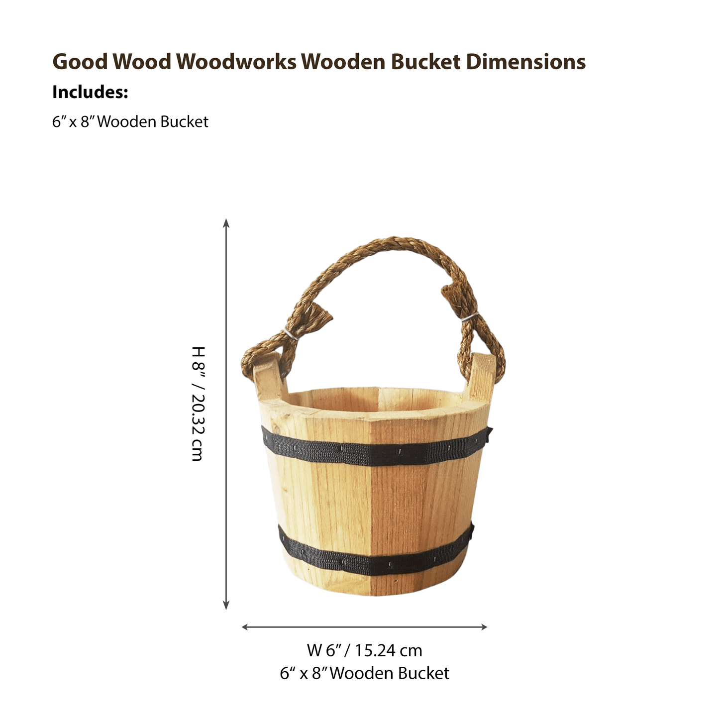 Good Wood - Wooden Bucket 6" x 8" Water Wishing Well Pail with Rope Twine Handle Solid Wood Vintage Style Primitive Planter - Made in the USA