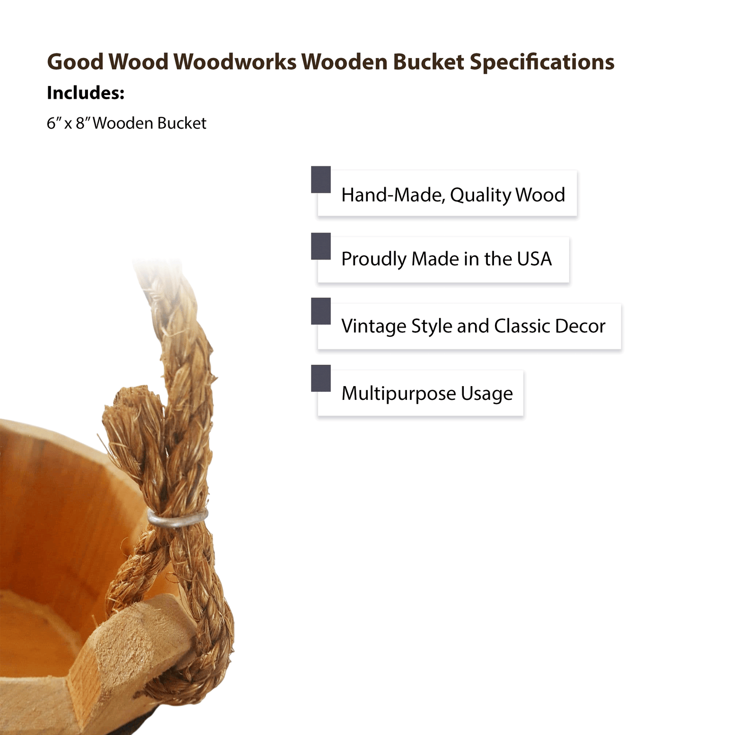 Good Wood - Wooden Bucket 6" x 8" Water Wishing Well Pail with Rope Twine Handle Solid Wood Vintage Style Primitive Planter - Made in the USA
