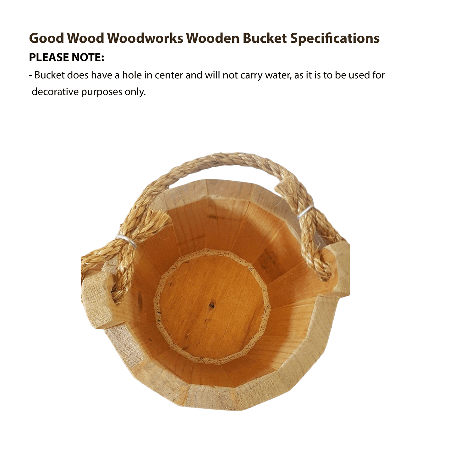 Good Wood - Wooden Bucket 6" x 8" Water Wishing Well Pail with Rope Twine Handle Solid Wood Vintage Style Primitive Planter - Made in the USA
