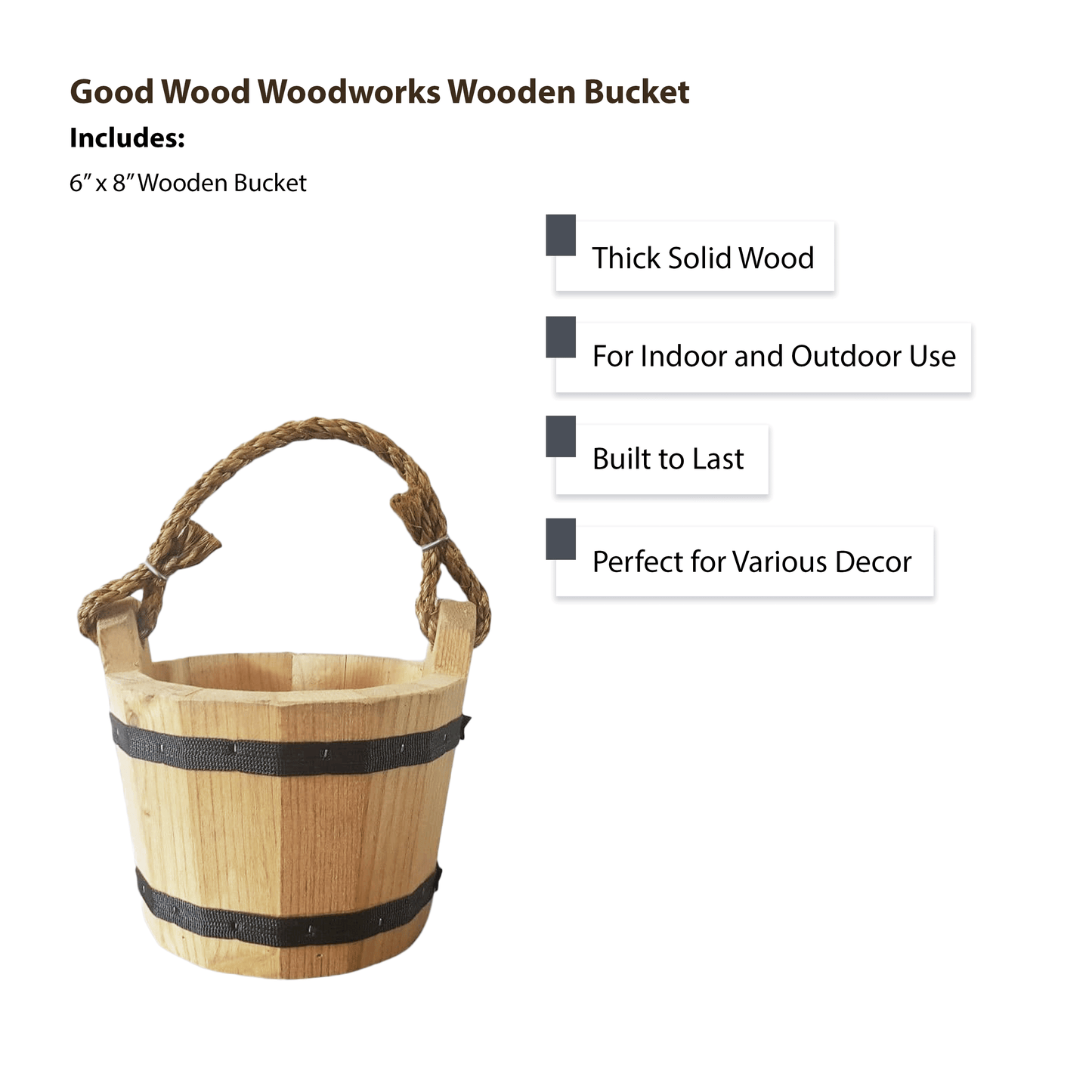 Good Wood - Wooden Bucket 6" x 8" Water Wishing Well Pail with Rope Twine Handle Solid Wood Vintage Style Primitive Planter - Made in the USA