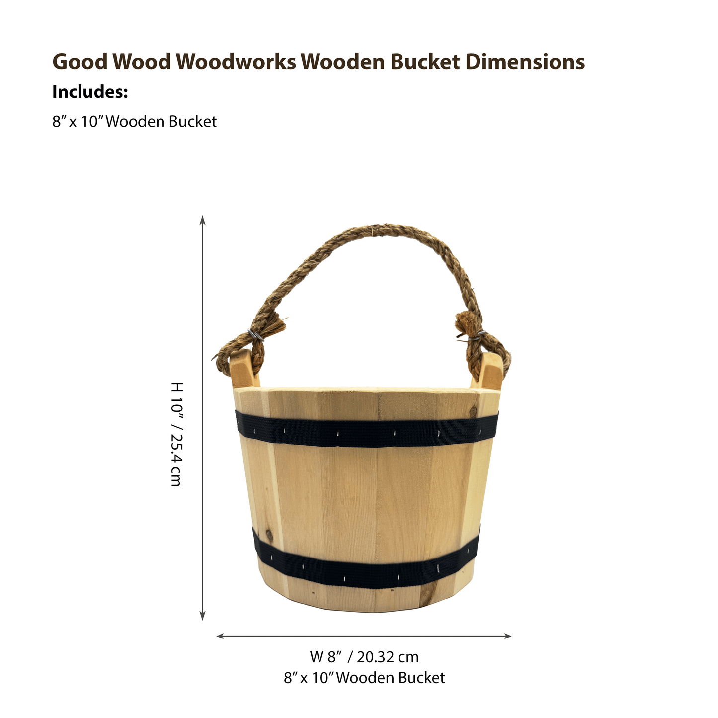 Good Wood - Wooden Bucket 8" x 10" Water Wishing Well Pail with Rope Twine Handle Solid Wood Vintage Style Primitive Planter Handmade in the USA