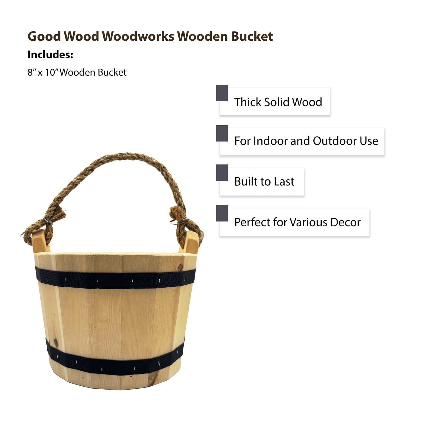 Good Wood - Wooden Bucket 8" x 10" Water Wishing Well Pail with Rope Twine Handle Solid Wood Vintage Style Primitive Planter Handmade in the USA