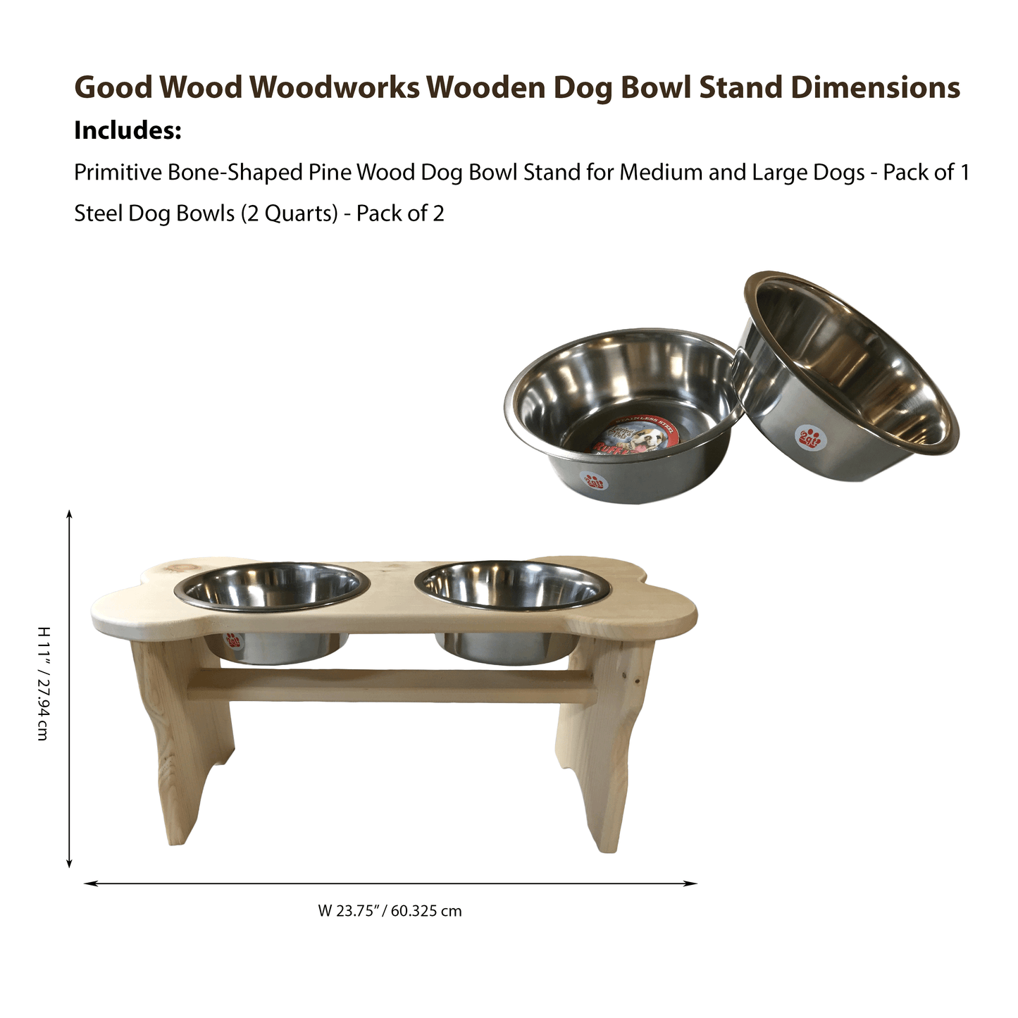 Good Wood - Bone Shaped Dog Bowl Stand for Large and Medium Dogs - Unfinished Solid Pine Wood - Made in the USA
