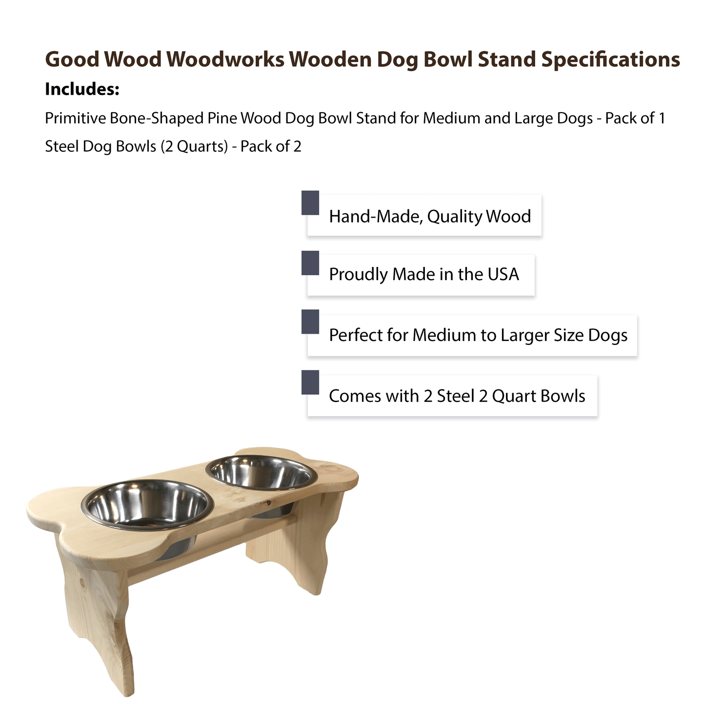 Good Wood - Bone Shaped Dog Bowl Stand for Large and Medium Dogs - Unfinished Solid Pine Wood - Made in the USA