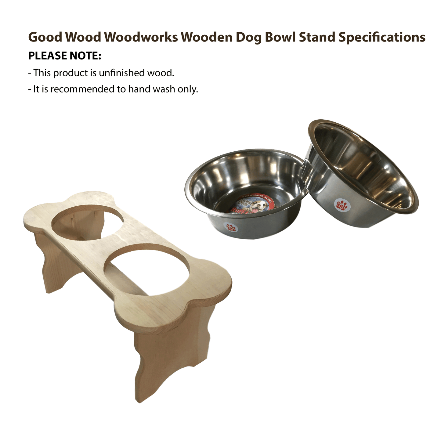 Good Wood - Bone Shaped Dog Bowl Stand for Large and Medium Dogs - Unfinished Solid Pine Wood - Made in the USA