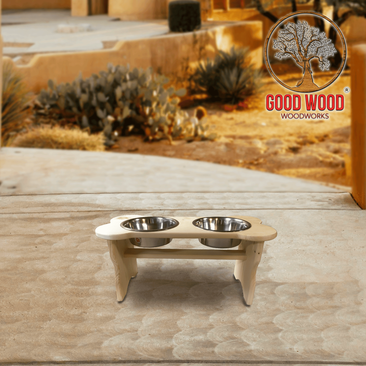 Good Wood - Bone Shaped Dog Bowl Stand for Large and Medium Dogs - Unfinished Solid Pine Wood - Made in the USA