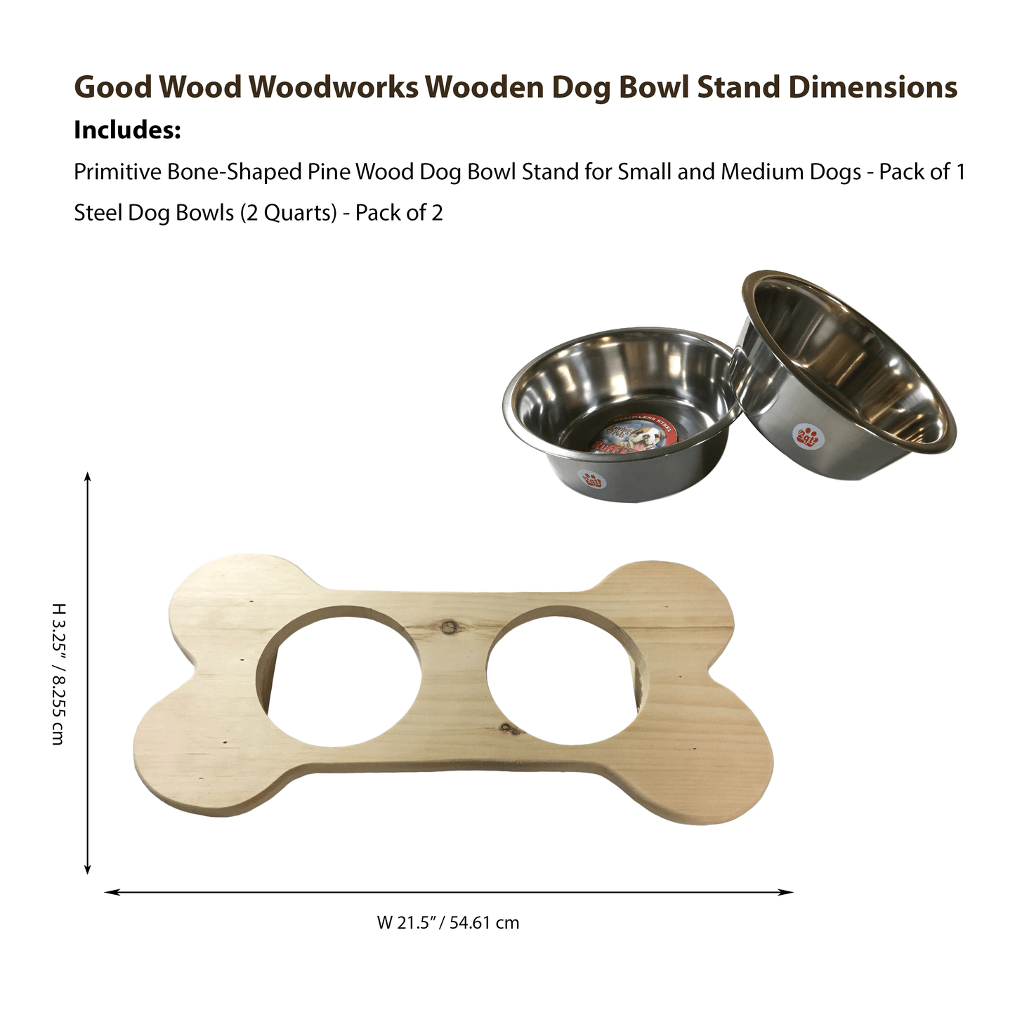 Good Wood - Primitive Bone Shaped Solid Oak Wood Dog Bowl Stand for Medium Small Dogs Rustic Natural Made in the USA, Wooden Feeder Dish Holder