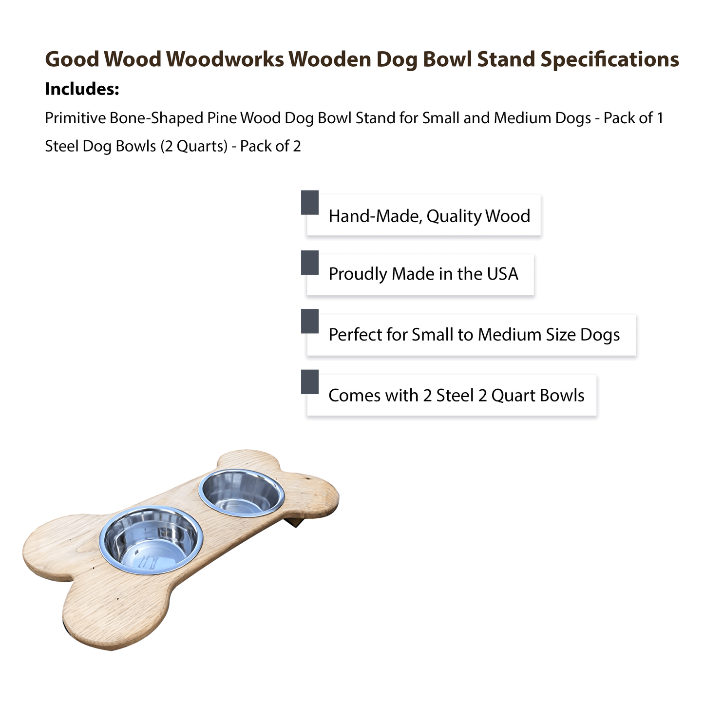 Good Wood - Primitive Bone Shaped Solid Oak Wood Dog Bowl Stand for Medium Small Dogs Rustic Natural Made in the USA, Wooden Feeder Dish Holder