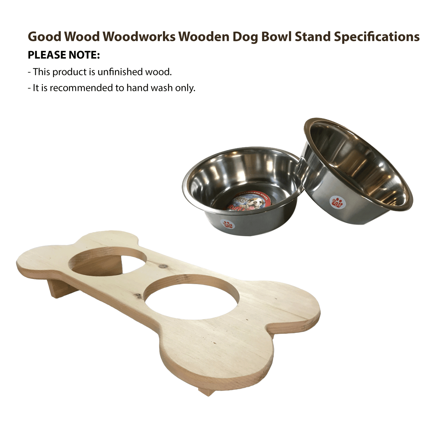 Good Wood - Primitive Bone Shaped Solid Oak Wood Dog Bowl Stand for Medium Small Dogs Rustic Natural Made in the USA, Wooden Feeder Dish Holder
