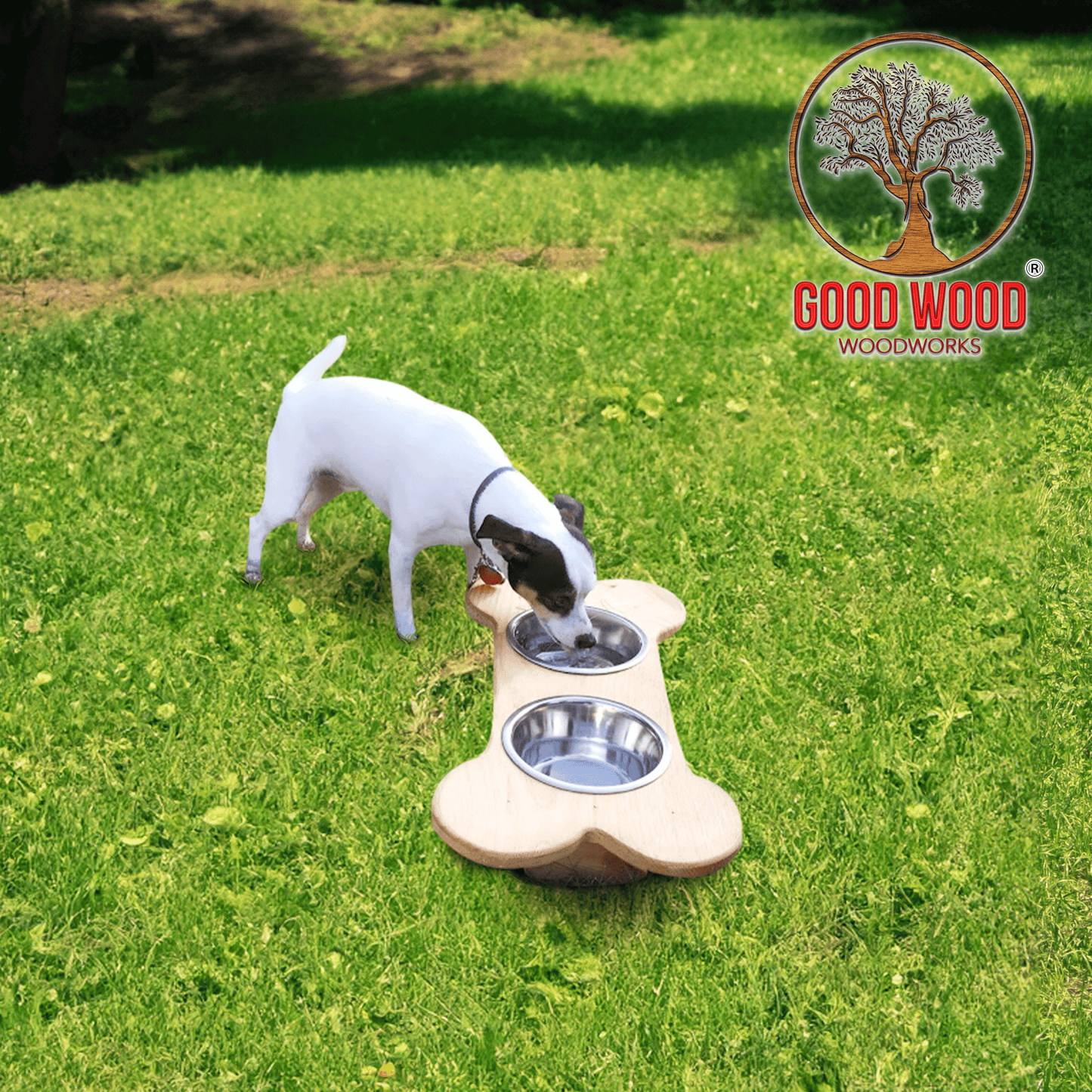 Good Wood - Primitive Bone Shaped Solid Oak Wood Dog Bowl Stand for Medium Small Dogs Rustic Natural Made in the USA, Wooden Feeder Dish Holder