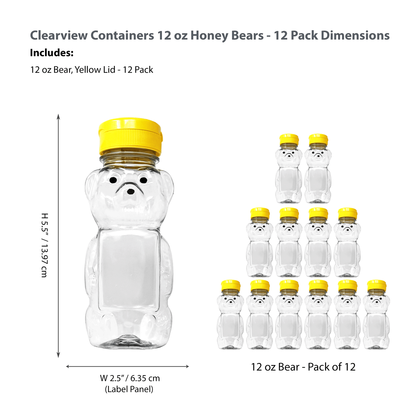Clearview Containers - 12 Pack of 12 Ounce Clear Honey Bears with Sealable Yellow Flip Top Lids (12 oz. Clear Bear, 12pk, Yellow)