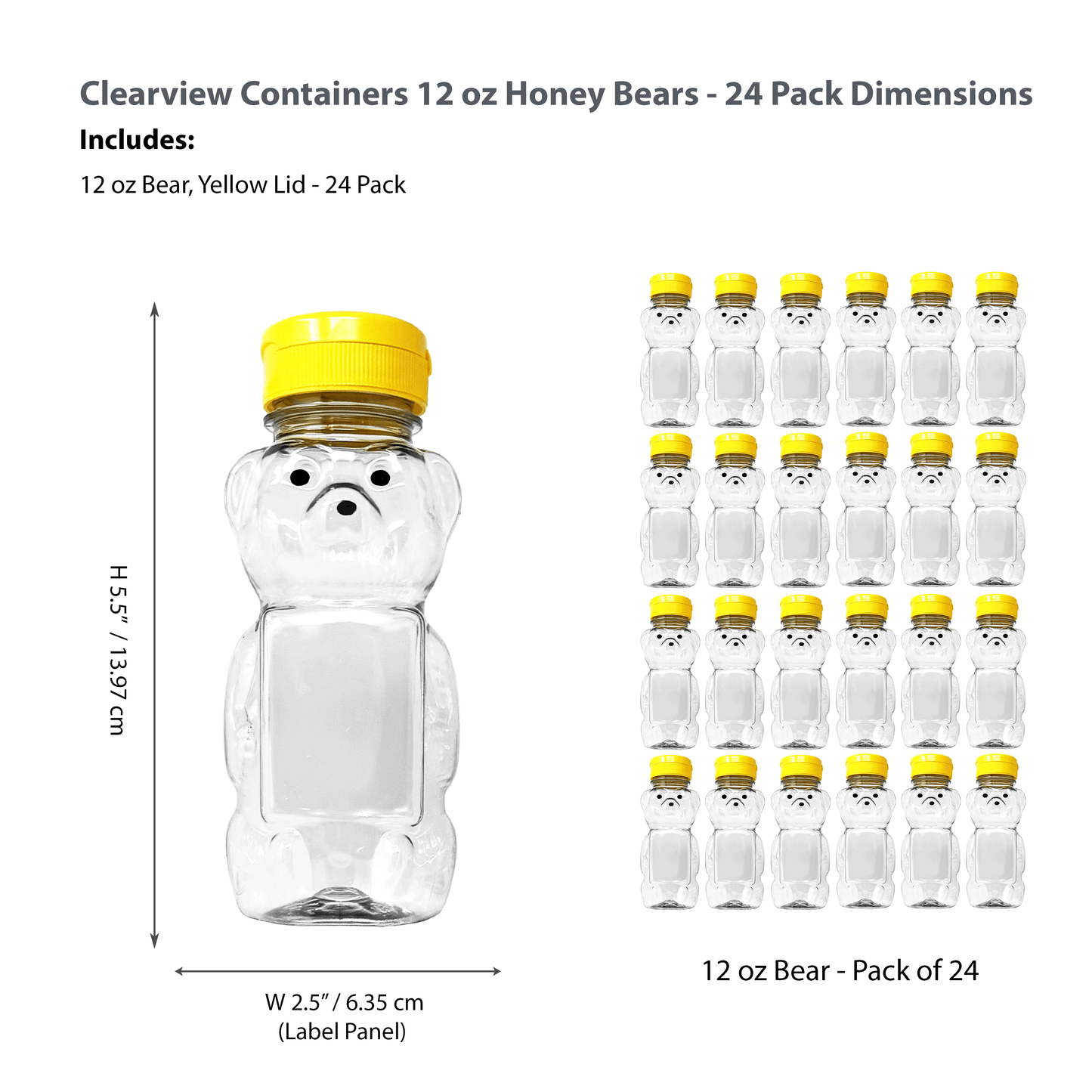 Clearview Containers - 24 Pack of 12 Ounce Clear Honey Bears with Sealable Yellow Flip Top Lids (12 oz. Clear Bear, 24pk, Yellow)