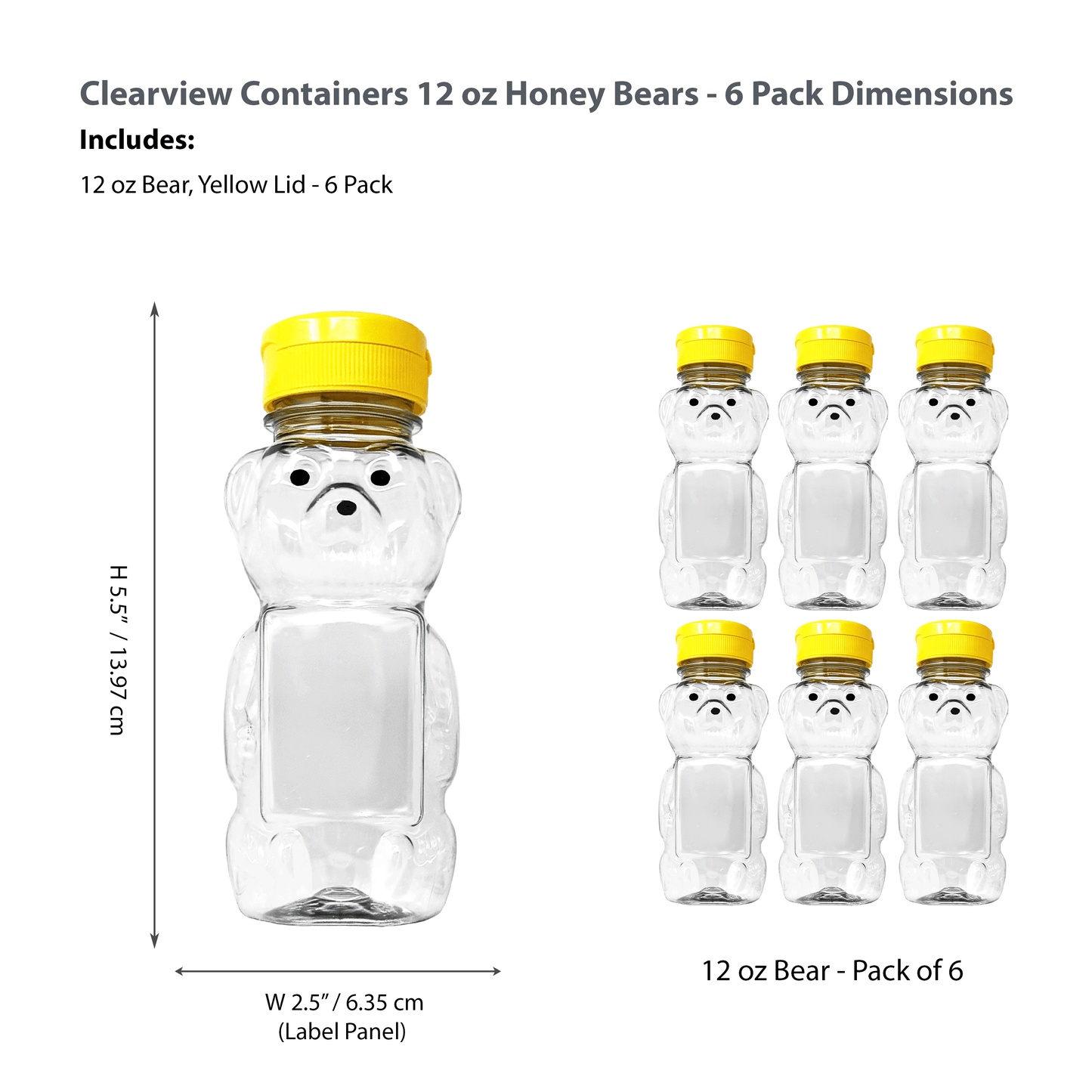 Clearview Containers - 6 Pack of 12 Ounce Clear Honey Bears with Sealable Yellow Flip Top Lids (12 oz. Clear Bear, 6pk, Yellow)