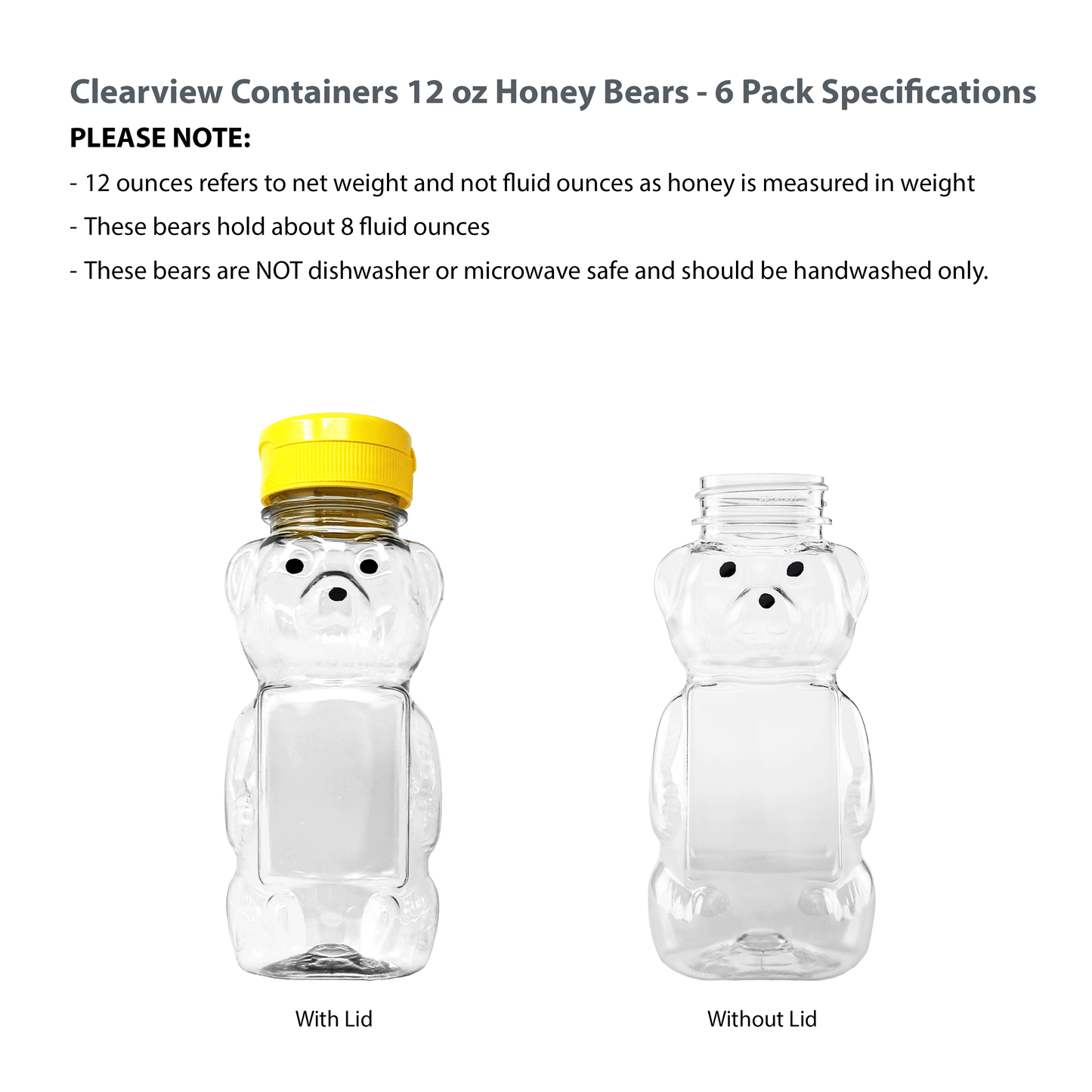 Clearview Containers - 6 Pack of 12 Ounce Clear Honey Bears with Sealable Yellow Flip Top Lids (12 oz. Clear Bear, 6pk, Yellow)