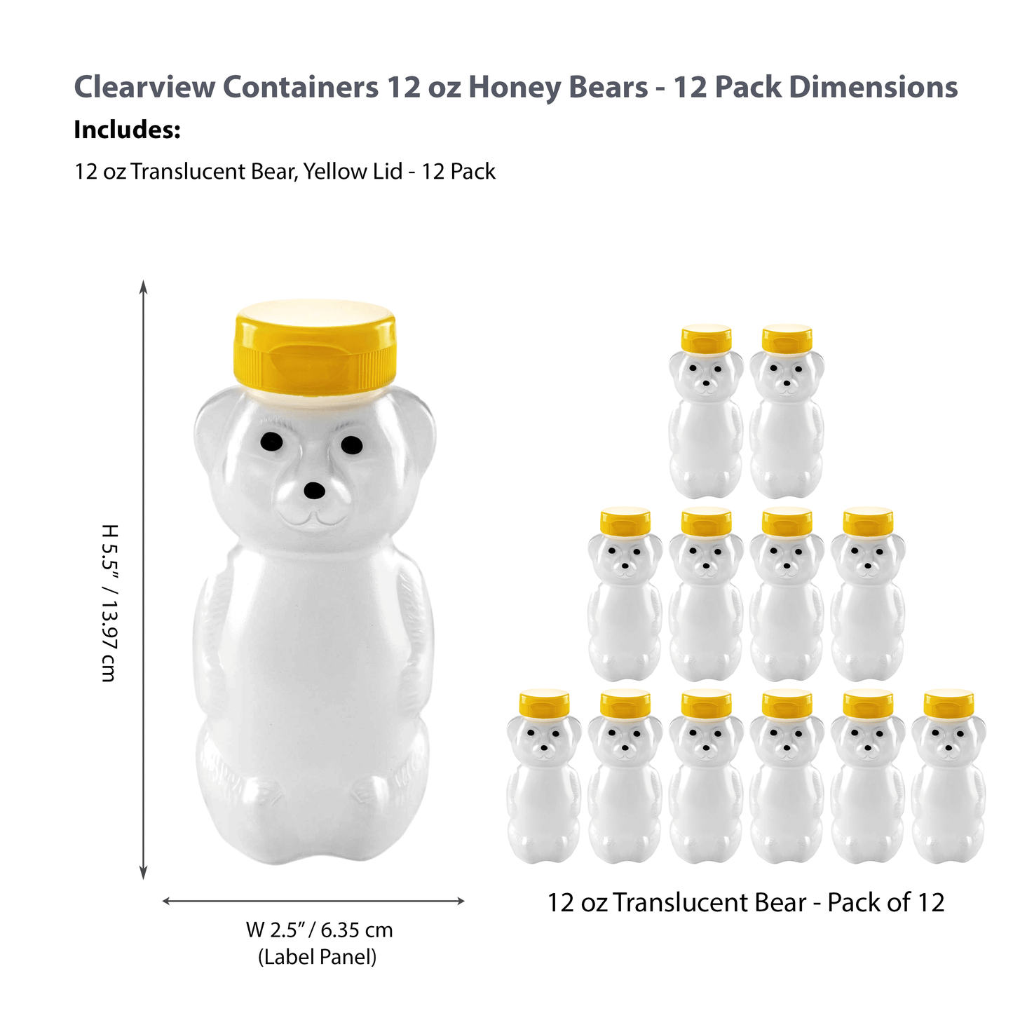 Clearview Containers - 12 Pack of 12 Ounce Cloudy Honey Bears with Sealable Yellow Flip Top Lids (12 oz. Cloudy Bear, 12pk, Yellow)