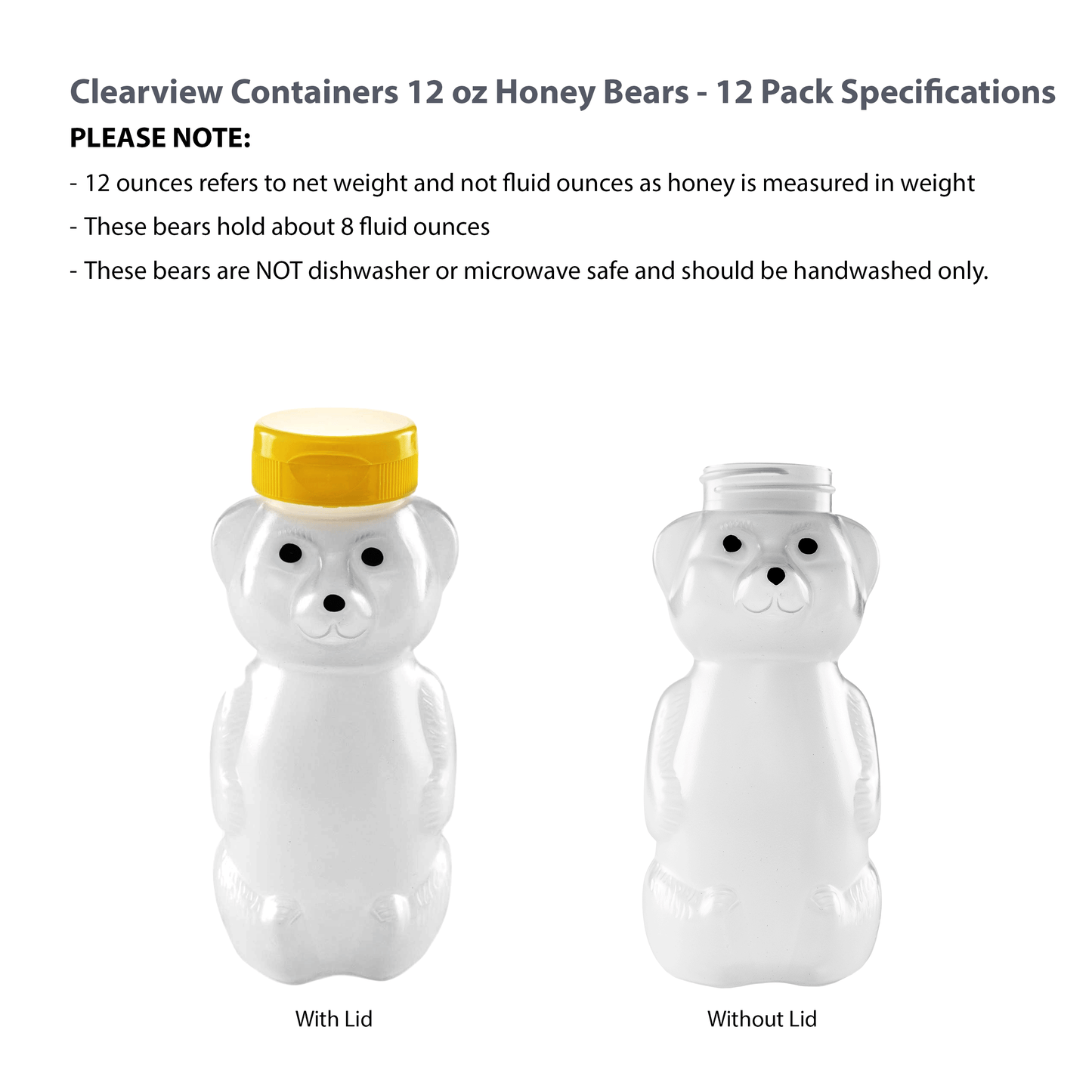 Clearview Containers - 12 Pack of 12 Ounce Cloudy Honey Bears with Sealable Yellow Flip Top Lids (12 oz. Cloudy Bear, 12pk, Yellow)